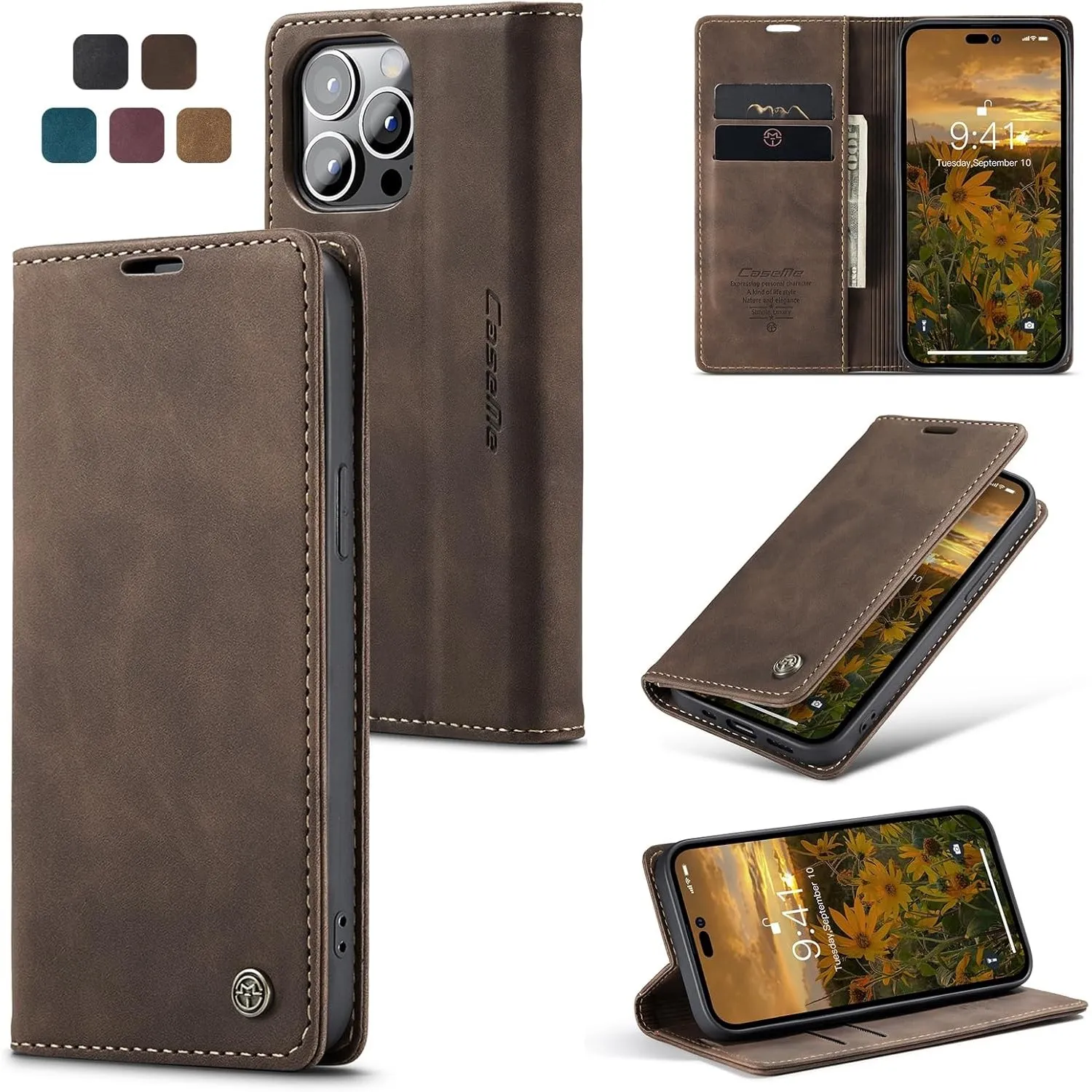 Handyhülle für iPhone 14 Pro Hülle, Premium Lederhülle Weiches Vintage-Nubukleder Faltbare Ständer Klapphülle Kartenfac…