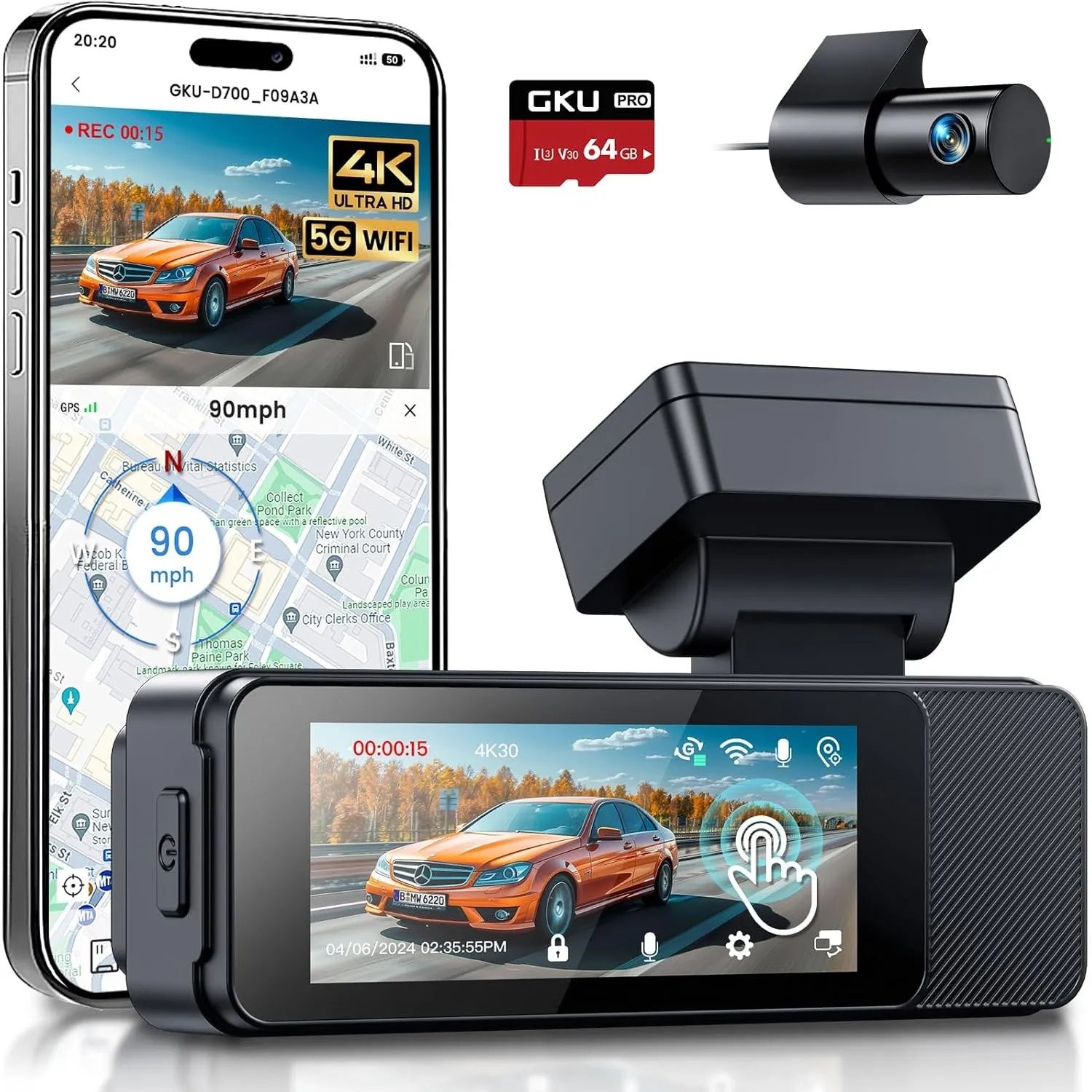 GKU Dashcam Auto Vorne Hinten, 4K/2,5K mit Touchscreen 3,18 Zoll | GPS 5G Wi-Fi Dash Cam, Dual Auto Kamera,64GB SD Kart…