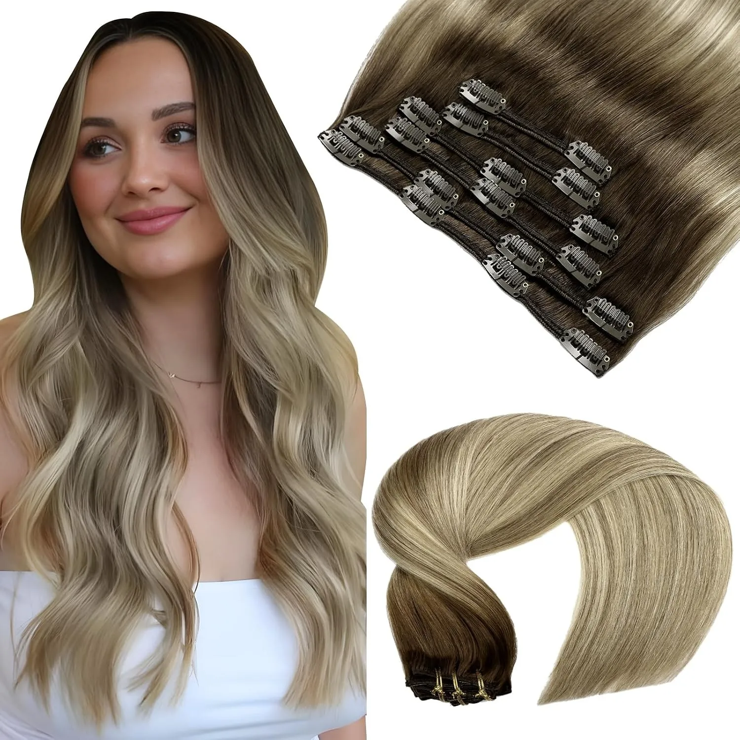 VINBAO Clip in Extensions Echthaar Blond Remy Braun Extension Echthaar Clips Braun bis Hellbraun mit Mittelblond Clip i…