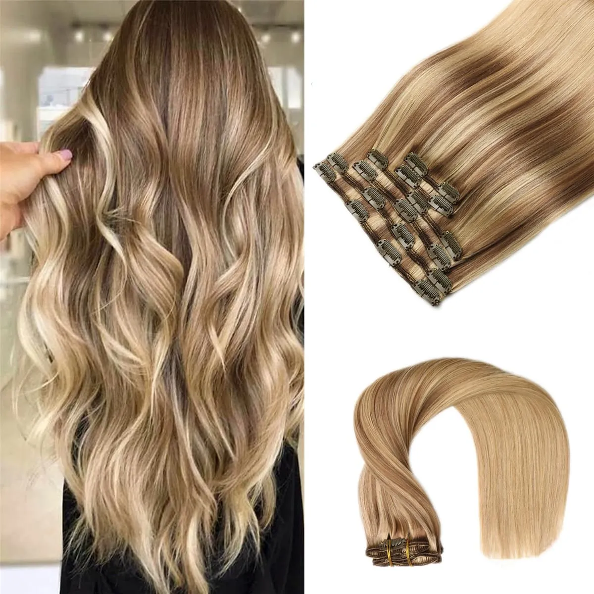 VINBAO Clip in Extensions Echthaar Goldbraun bis Dunkelblond Remy Balayage Extensions 55cm 6 Stück 120 Gramm Brasilianisches Haar Seidig Lang Gerade Remy Echthaar (#10/16/16,55cm)