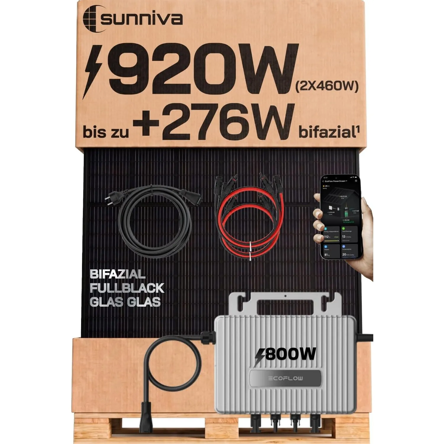 SUNNIVA® 920W Balkonkraftwerk mit 800W Wechselrichter ECOFLOW, BIFAZIAL FULLBLACK komplett Steckdose, PV Solaranlage Ko…