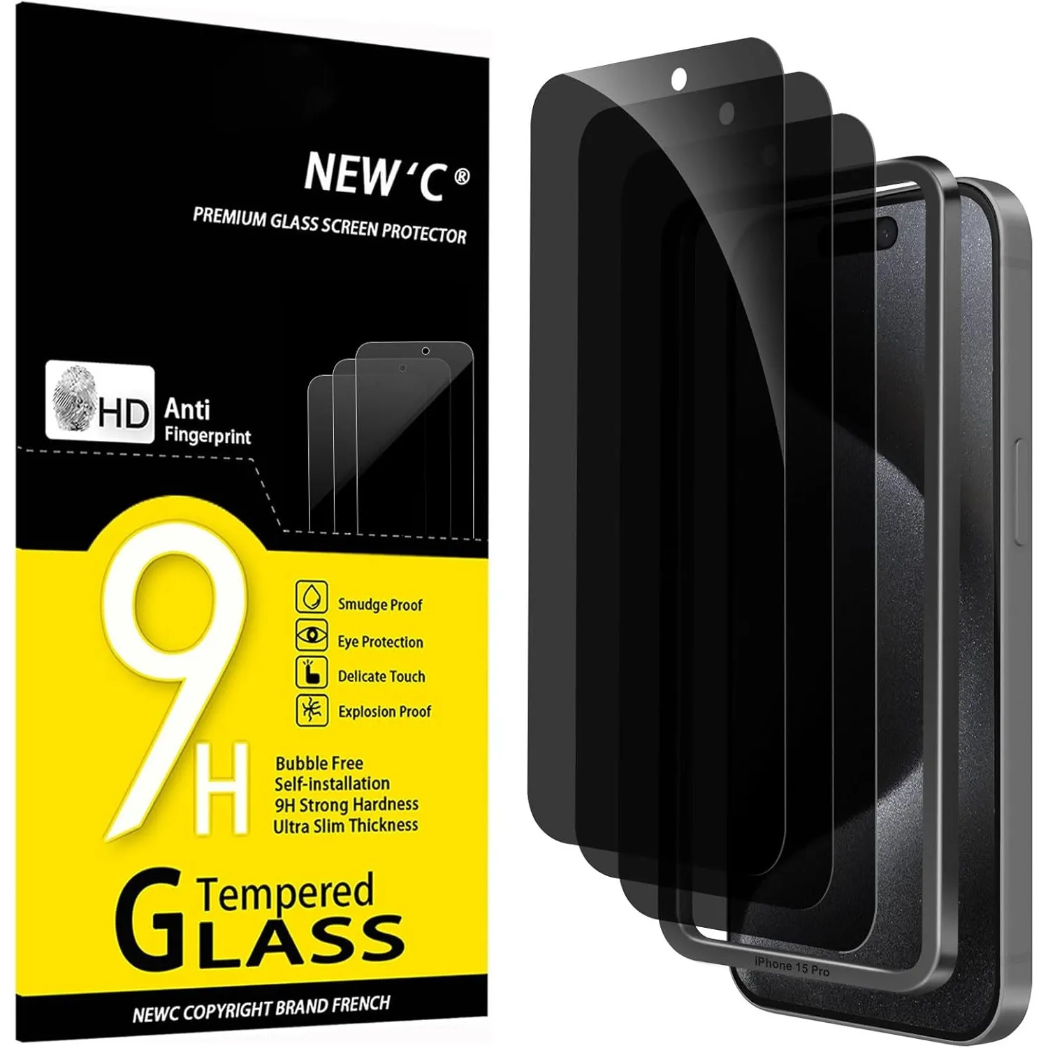 NEW'C für iPhone 15 Pro für Panzerglas Sichtschutz mit Montagehilfe
