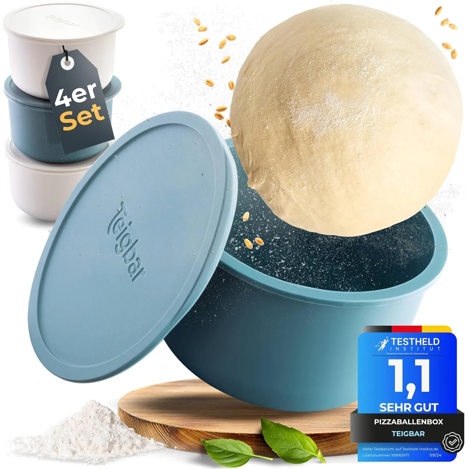 Teigbar« Pizzaballenbox mit Deckel, 4er Set - platzsparende Teigbox aus löse-leichtem Silikon - bis zu 350g Pizzateig B…