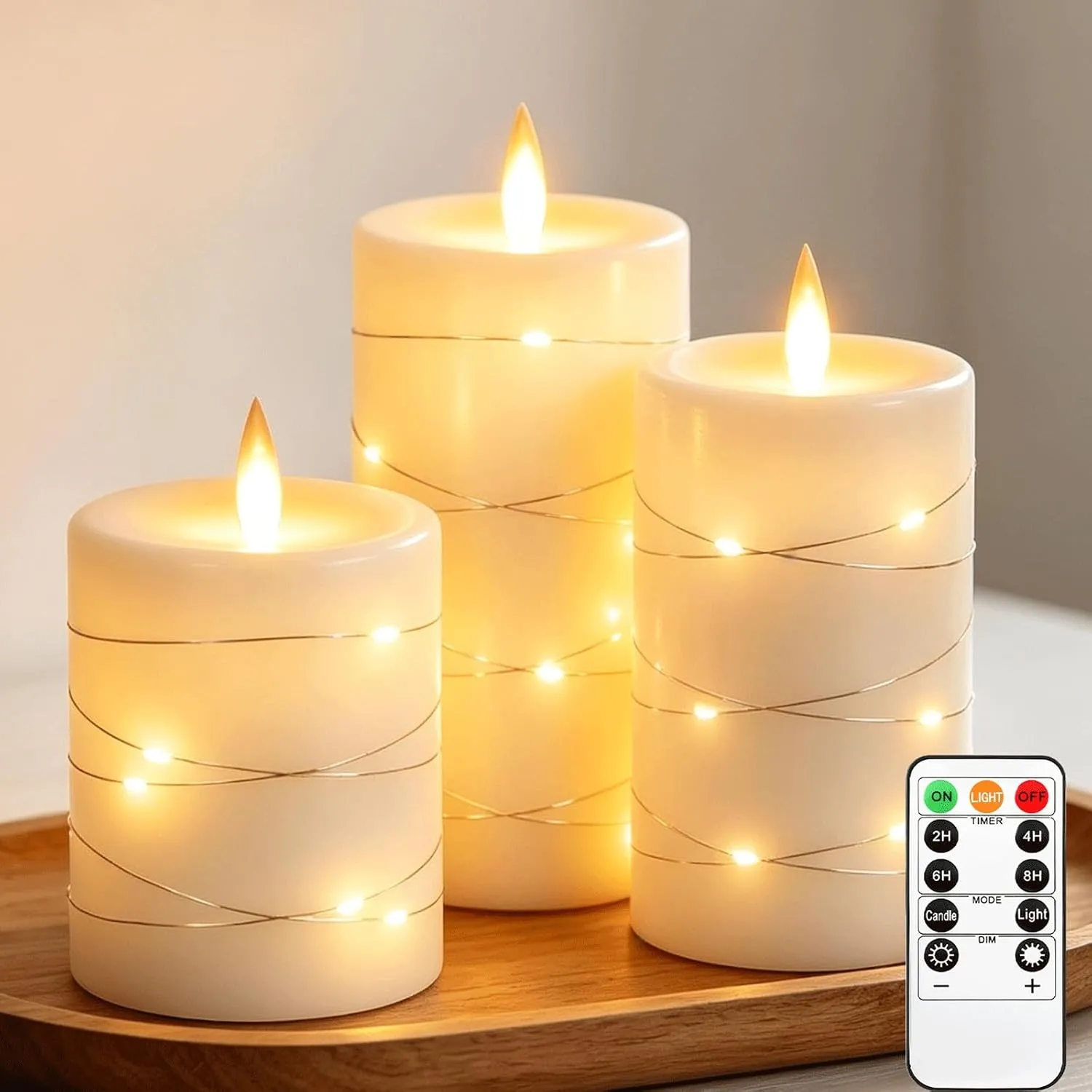 Da by 3 Stück ABS LED Kerzen mit Kupferlichtkette, Realistische Flackernde Flamme, Batteriebetriebene Kerzen mit Fernbe…