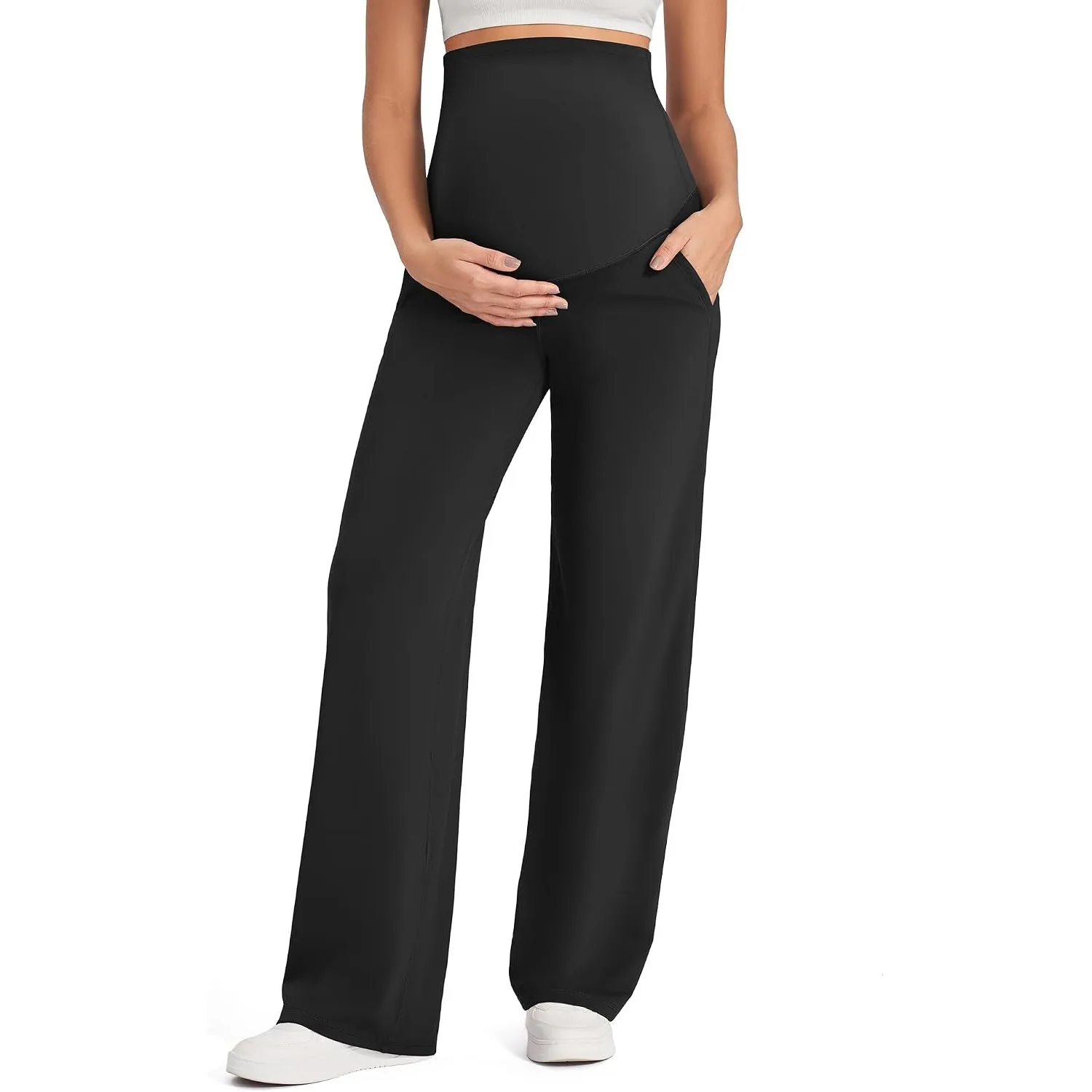 G4Free Umstandshose Damen Hohe Taille Yogahose mit Taschen Weites Bein Umstandsmode für Schwangere Lang Freizeithose St…