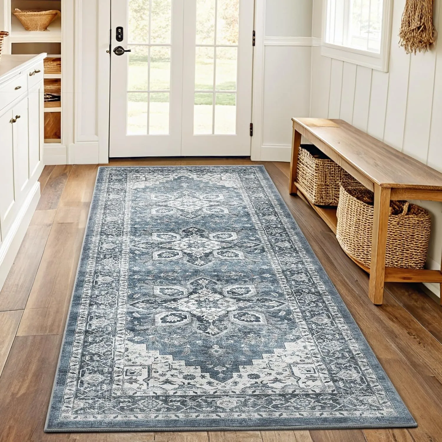 Amada Fußmatte 60x180cm Vintage Waschbarer Teppich Blau