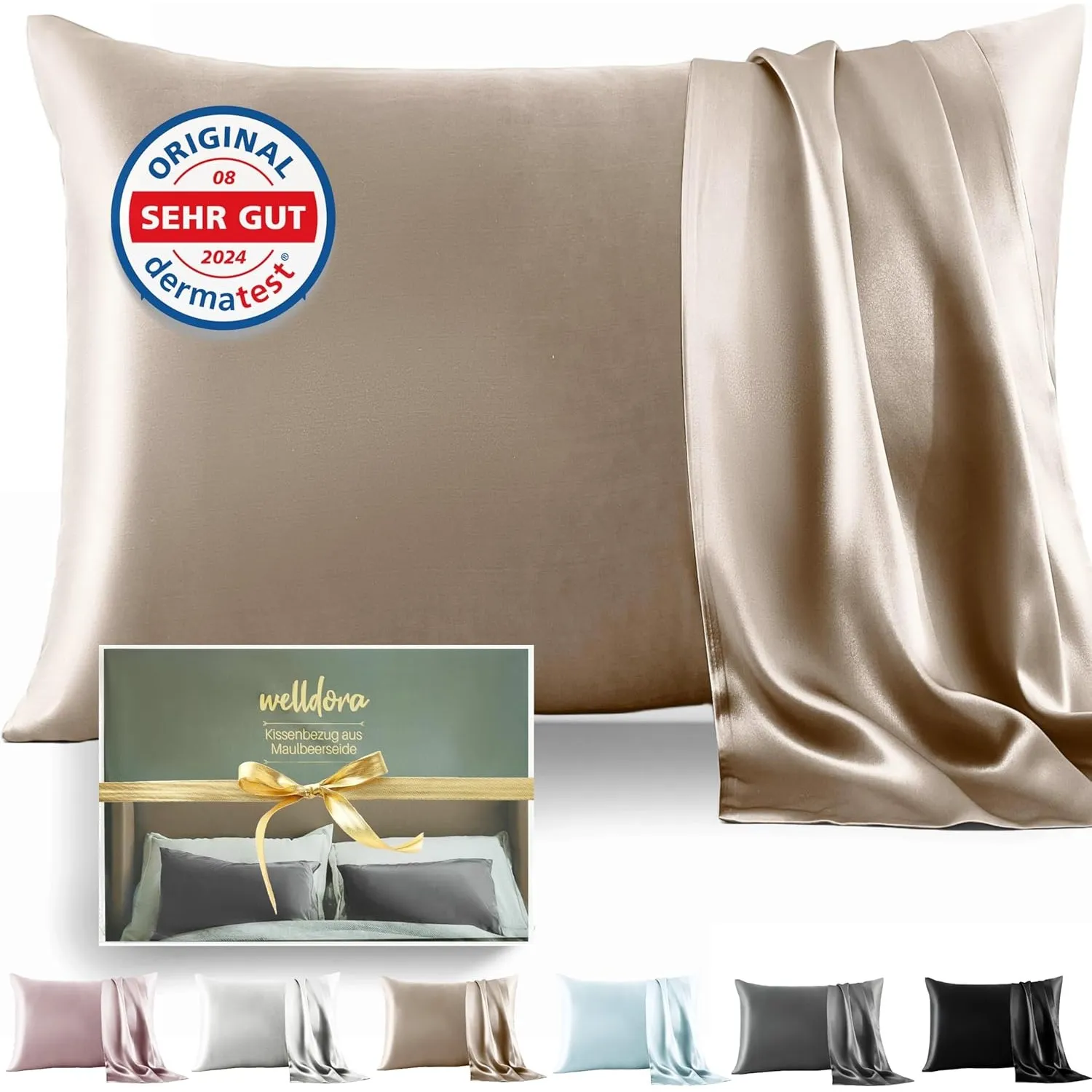 Welldora Kissenbezug 40x80 | 100% Seide 22 Momme | Bettwäsche Beigegold | Luxuriöser Seidenkissenbezug aus Maulbeerseid…