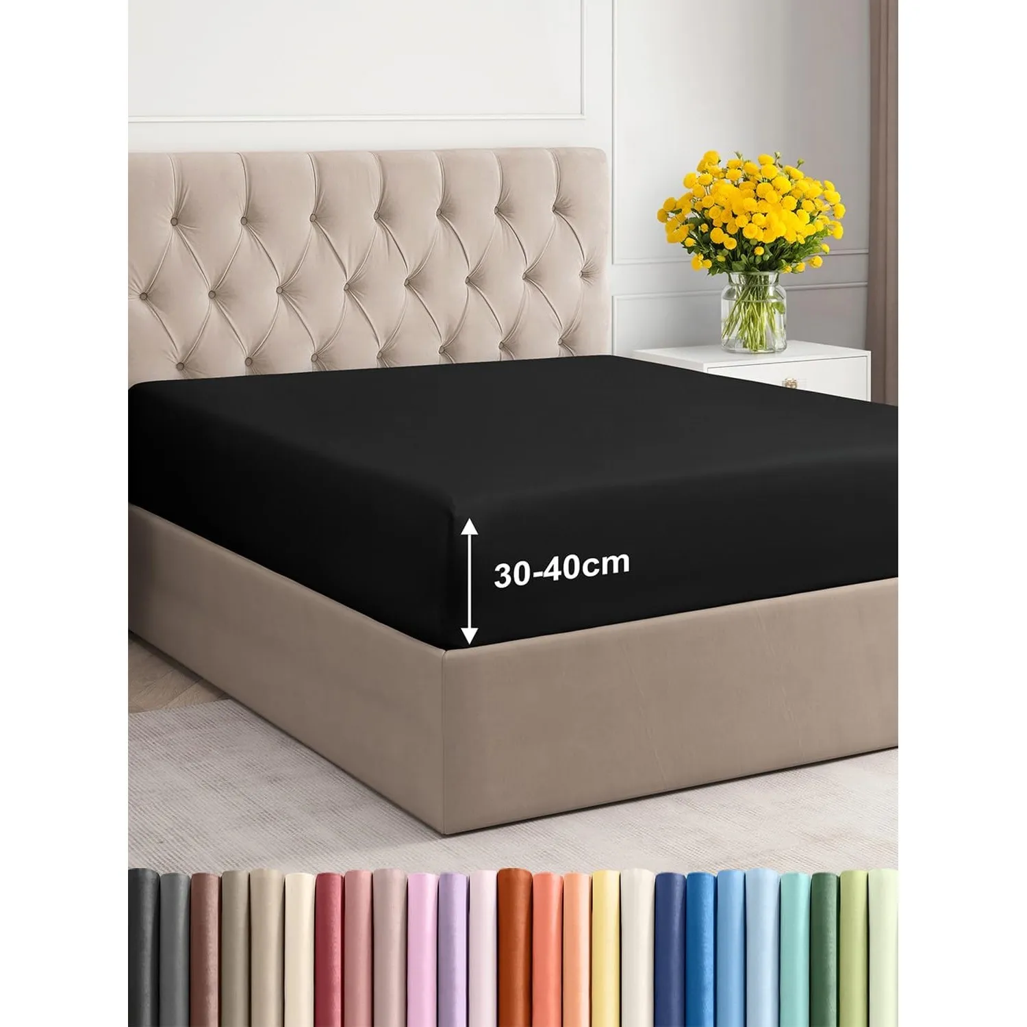Spannbettlaken 180x200 - Mikrofaser Spannbetttuch 40cm (16") tief - Schwarz | Spannbetttuch, Boxspringbett, Weich, Knit…