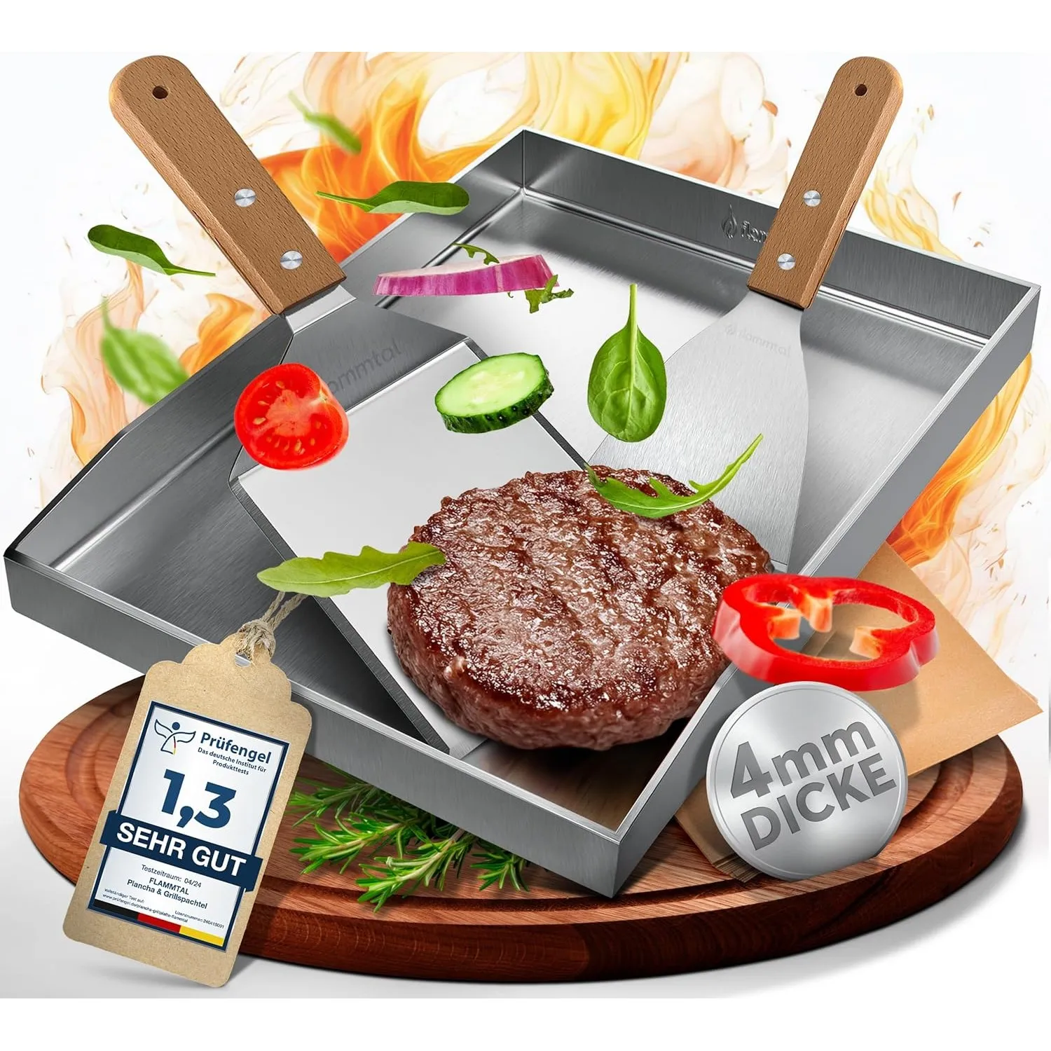 flammtal - Grillplatte aus 4mm rostfreiem Edelstahl [40 x 30cm] - Plancha mit Grillspachtel Set & Burgerpapier - passen…