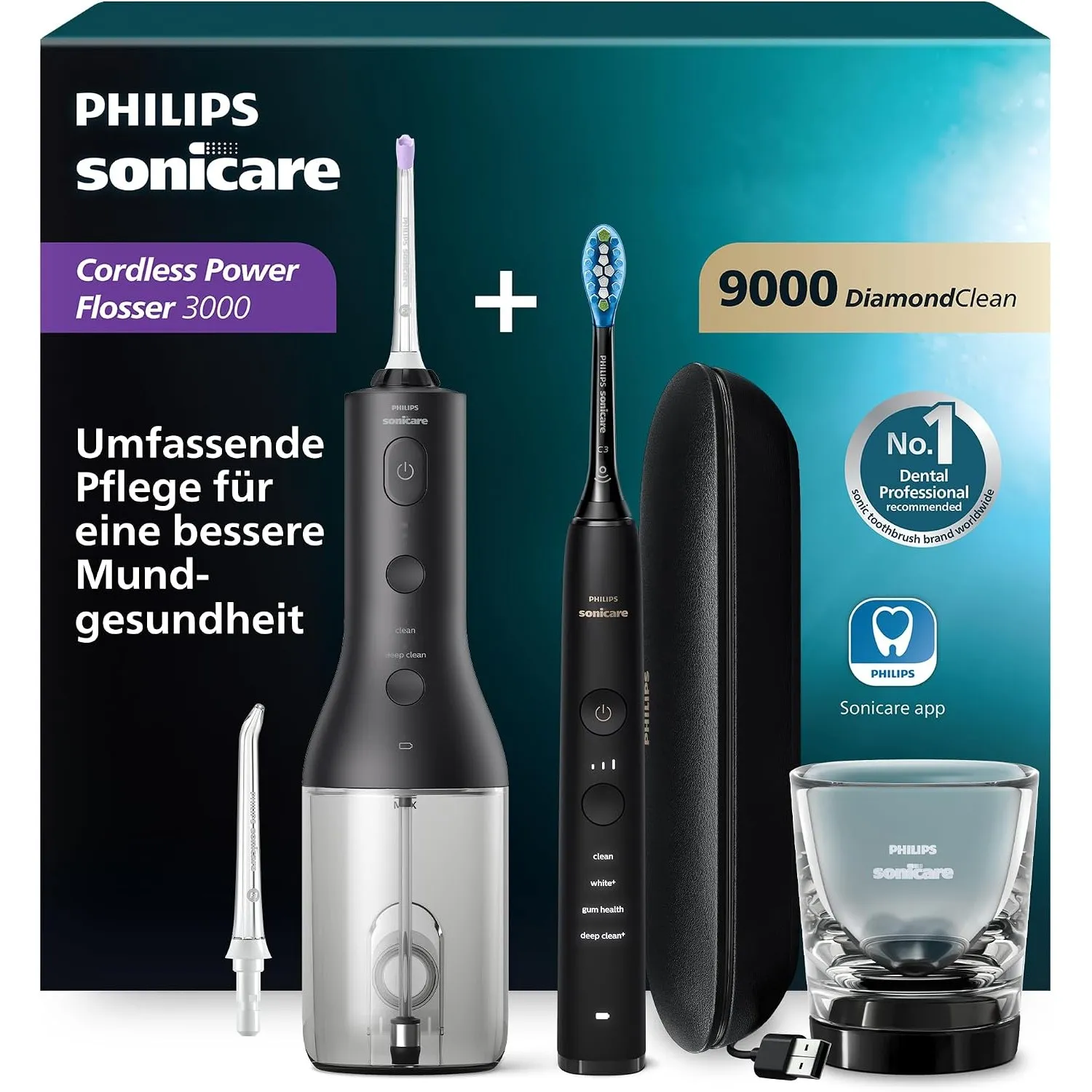 Philips Sonicare kabellose Power Flosser Munddusche und DiamondClean 9000 elektrische Zahnbürste – Saubere Zähne, saube…