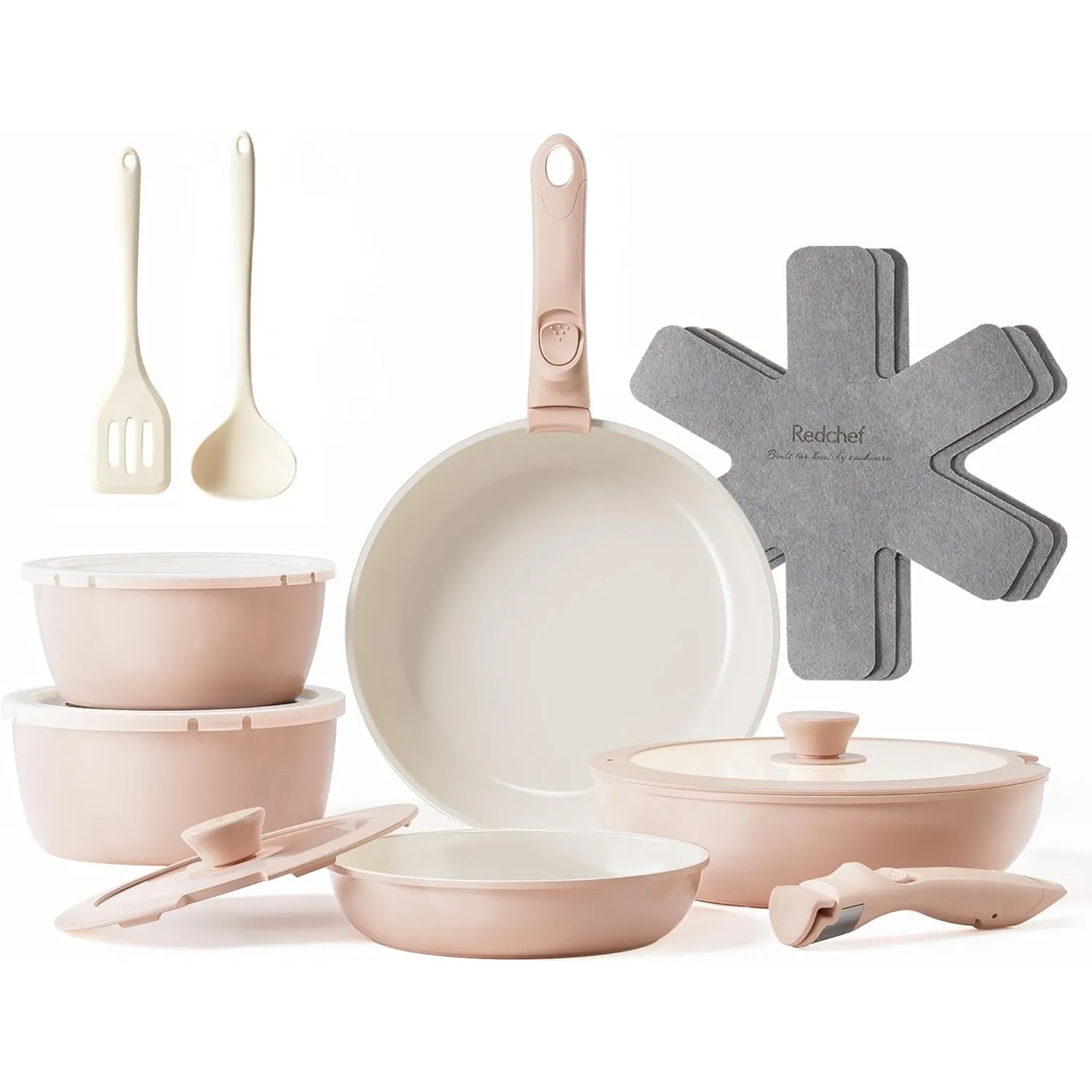 Redchef Topfsets 16-Teilig Pfannenset Antihaft-Keramik-Kochgeschirr-Set mit Abnehmbaren Griff, Pfanne 20/26 cm, Tiefe B…