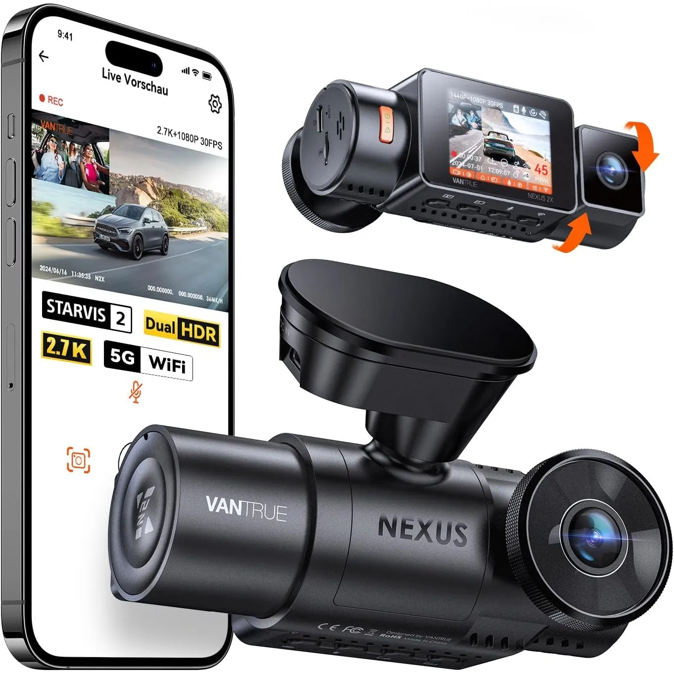 VANTRUE N2X 2.7K+1080P Dashcam Auto Vorne Innen, STARVIS 2 Dual Nachtsicht