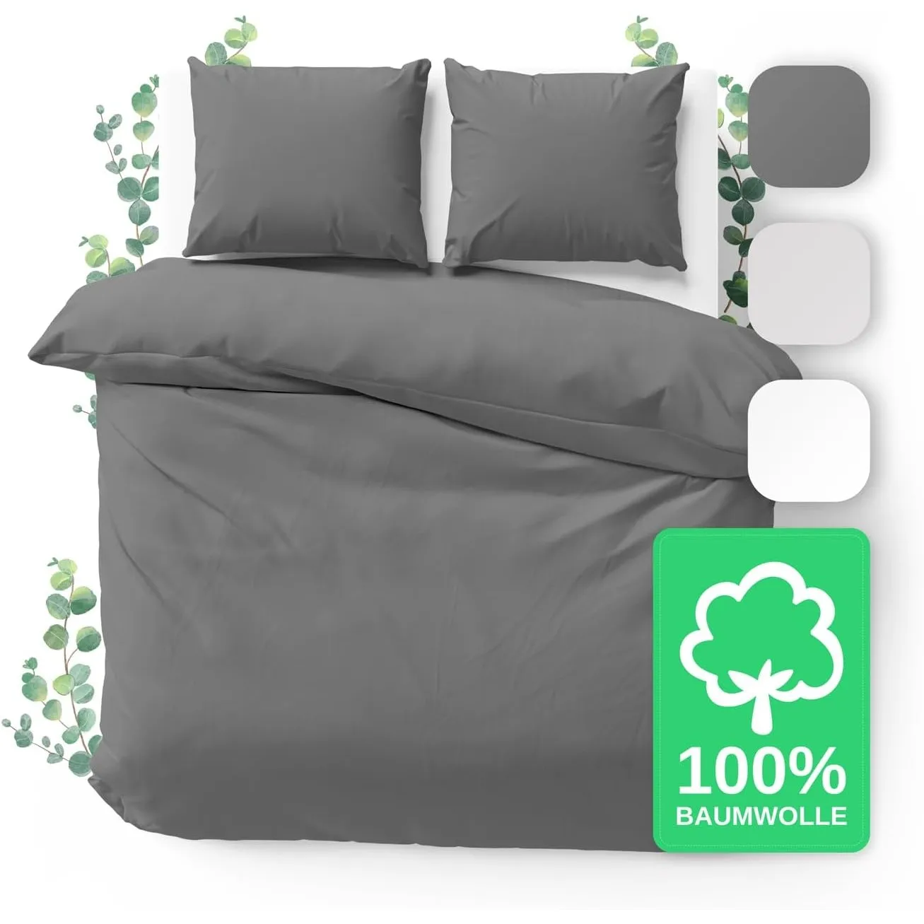 JACOBSON Bettwäsche 100% Baumwolle (200x200cm, Anthrazit, 3-teilig)