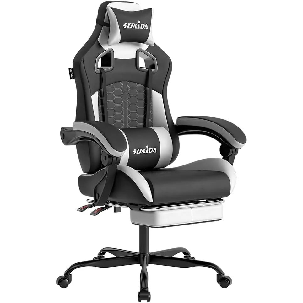 SUKIDA Gaming Stuhl, Ergonomischer Gaming-Stuhl mit Fußstütze, Racing Gaming Chair Kopfstütze Verstellbarer Computerstu…
