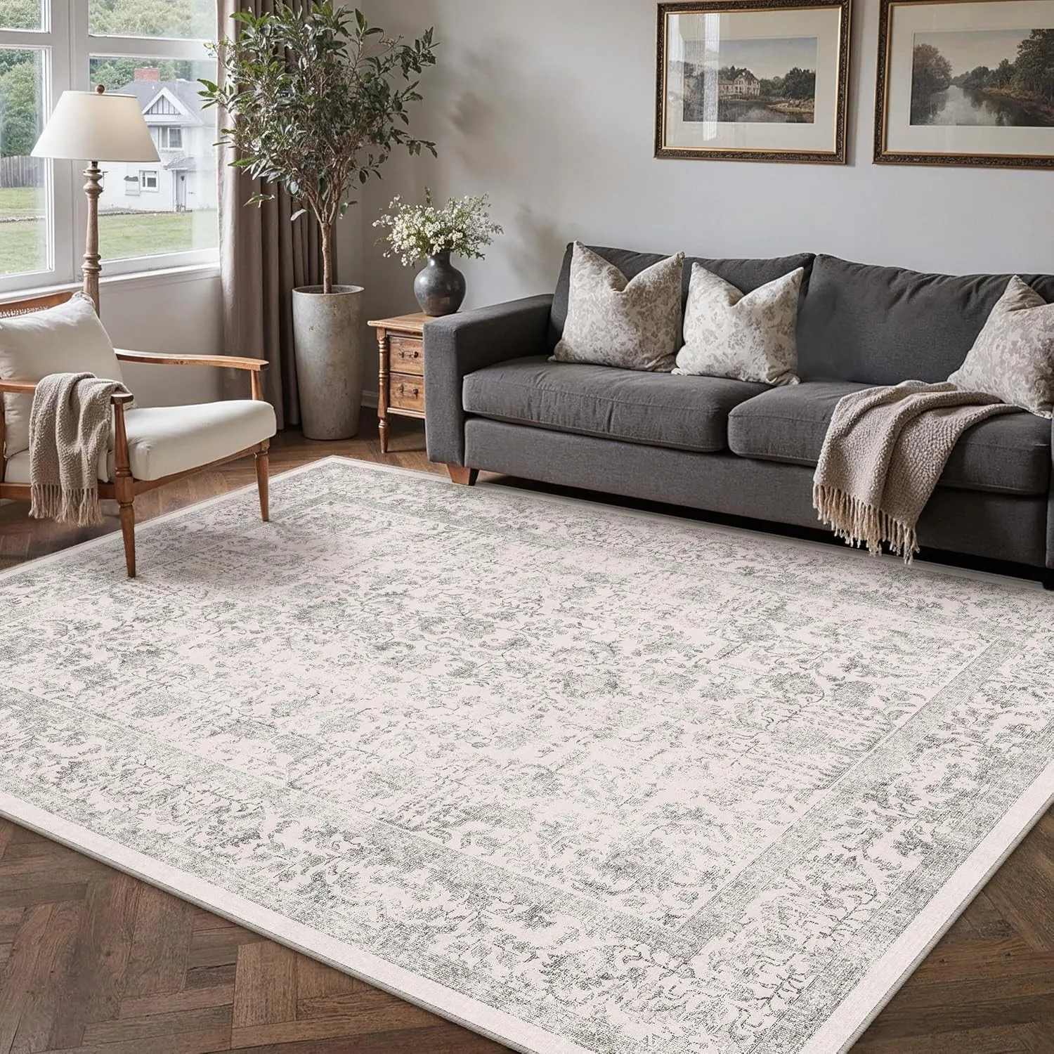HUGEAR Grau Vintage Teppich Wohnzimmer 150x210cm Waschbar