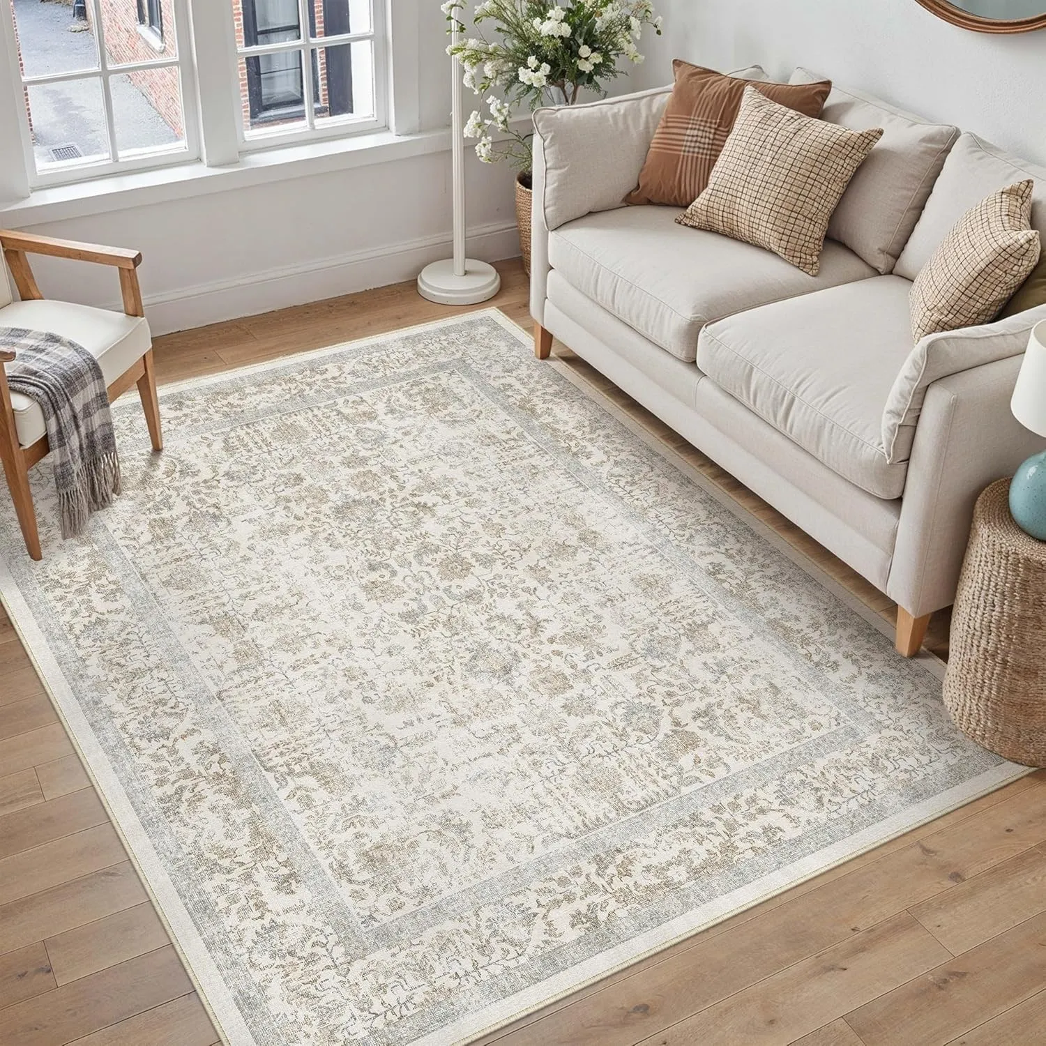 HUGEAR Vintage Taupe Waschbarer Teppich Wohnzimmer 150x210cm Retro Rugs for Living Room Weich rutschfest Groß Tepich Ku…