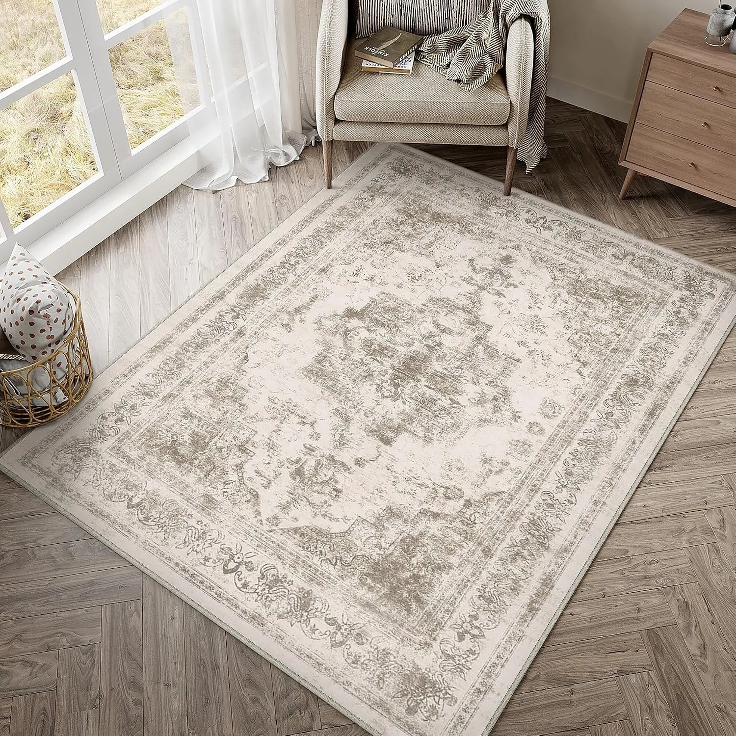 HUGEAR Beige Vintage Teppich Wohnzimmer 90x150cm Waschbar