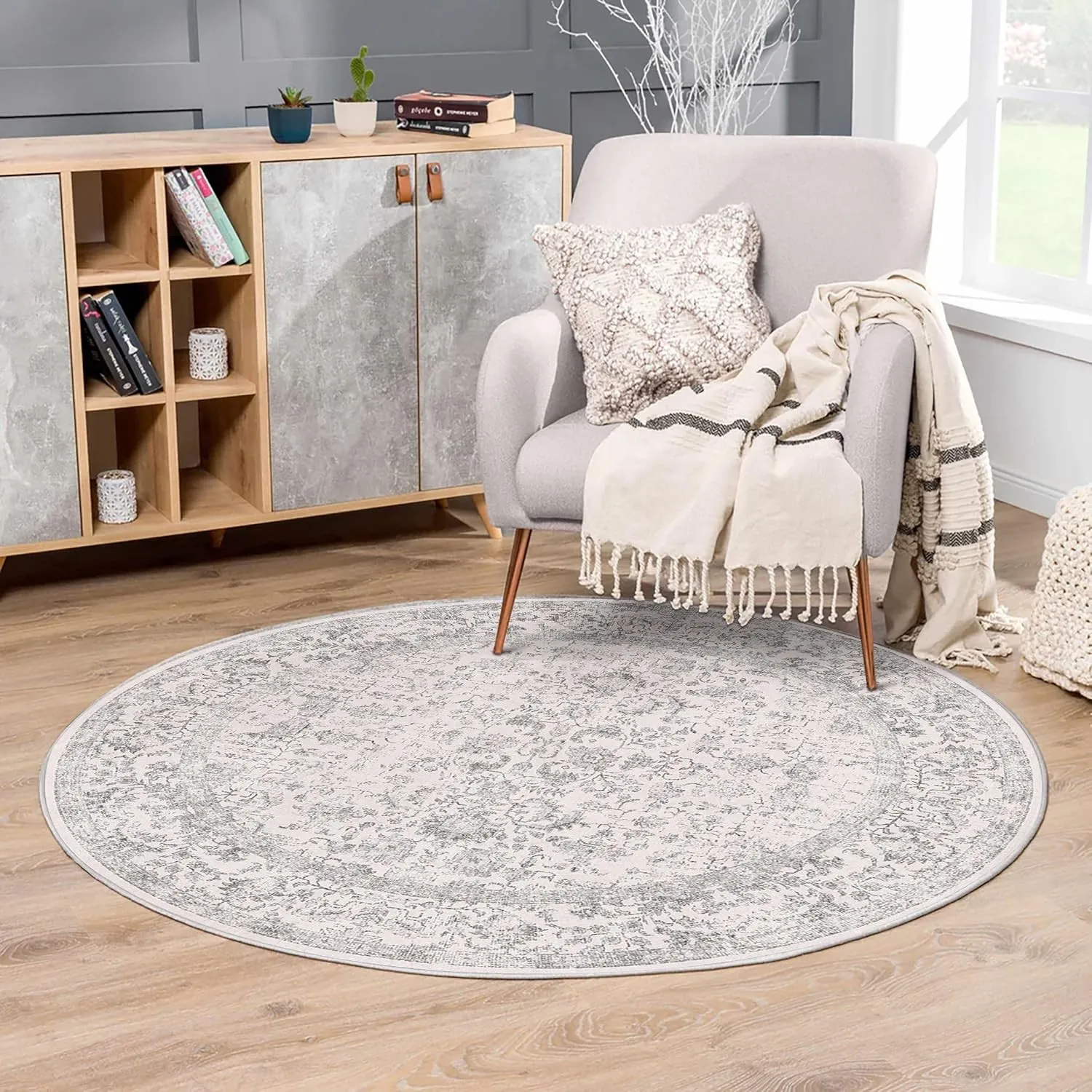 HUGEAR Grau Vintage Teppich Rund 120cm Waschbar | Waschbarer Runder Teppich,Rutschfester Kurzflor,für Wohnzimmer,Schlaf…