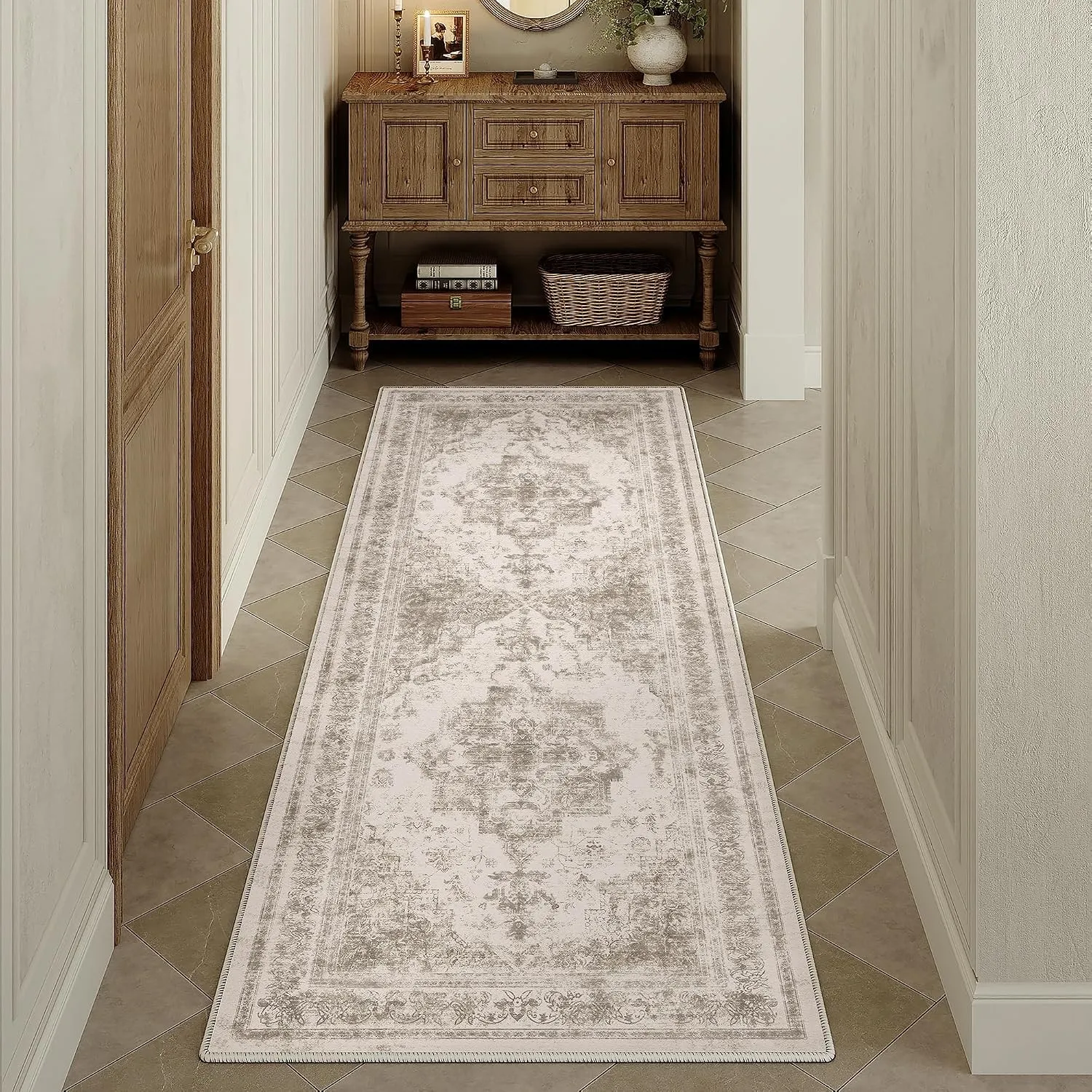 HUGEAR Beige Vintage Teppich Läufer Flur 60x180cm Waschbar | Waschbarer Teppich, Rutschfest Weich, Kurzflor Retro, für …