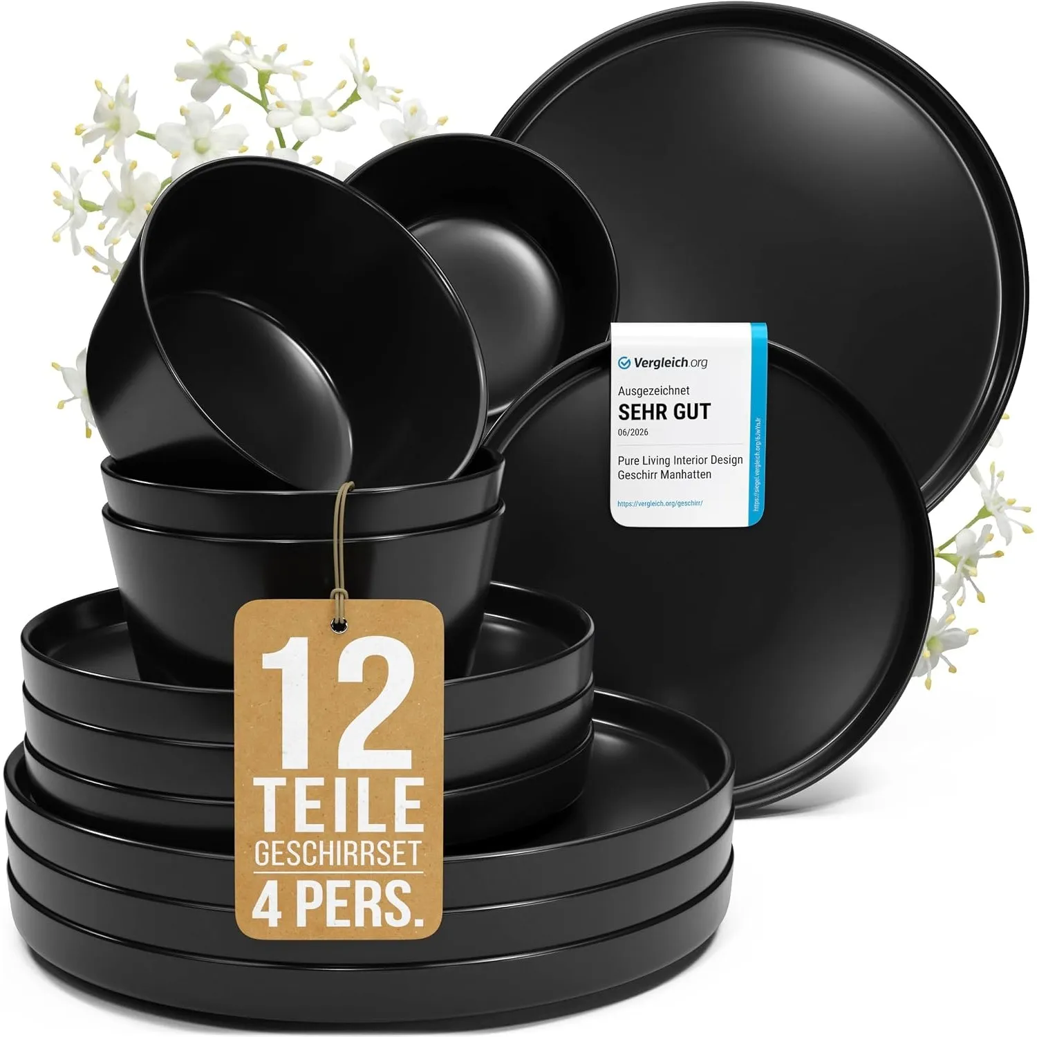 Steingut Geschirrset 4 Personen Manhattan 12-tlg. TESTSIEGER, Cooles Urbanes Steingut Geschirr Set, Schüssel- und Telle…