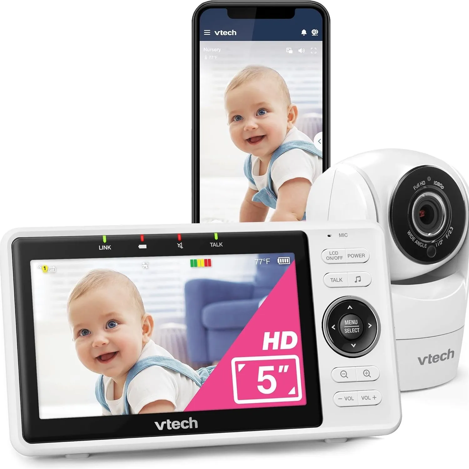 VTech VM901-1W WiFi Camera, Smart Baby Monitor with 5 Inch HD Display, 1080P Tilt/Swivel Camera and App, 120° Wide Angl…