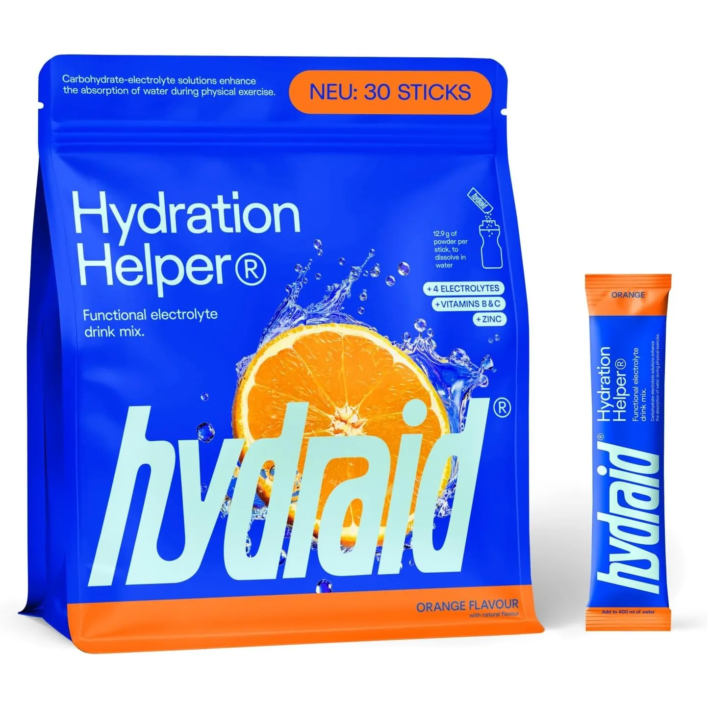 Hydraid Elektrolyte Hydration Helper® ORANGE – 30 Sticks | Elektrolyt Pulver mit 1115 mg pro Stick: Natrium, Kalium, Ma…