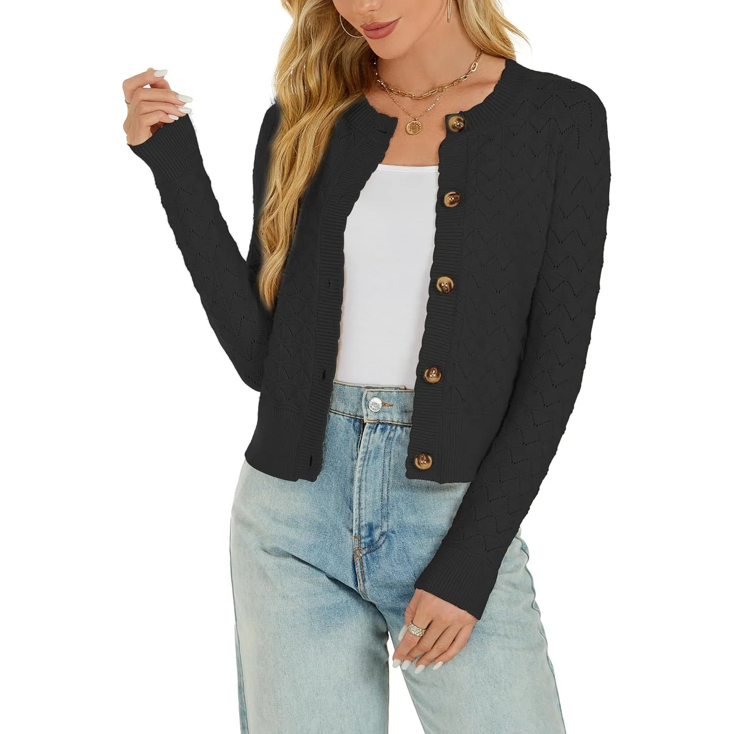 Damen Strickjacke Elegant Langarm Rundhals Cardigan Leicht Bolero Jäckchen mit Knöpfe Weiche Jacke über Top Kleid