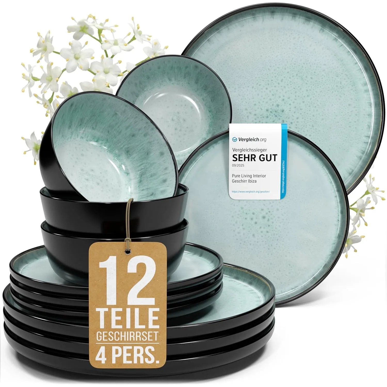 Steingut Geschirrset 4 Personen Ibiza 12 tlg. TESTSIEGER, Traumhaftes Mediterranes Steingut Geschirr Set, Schüssel- und…