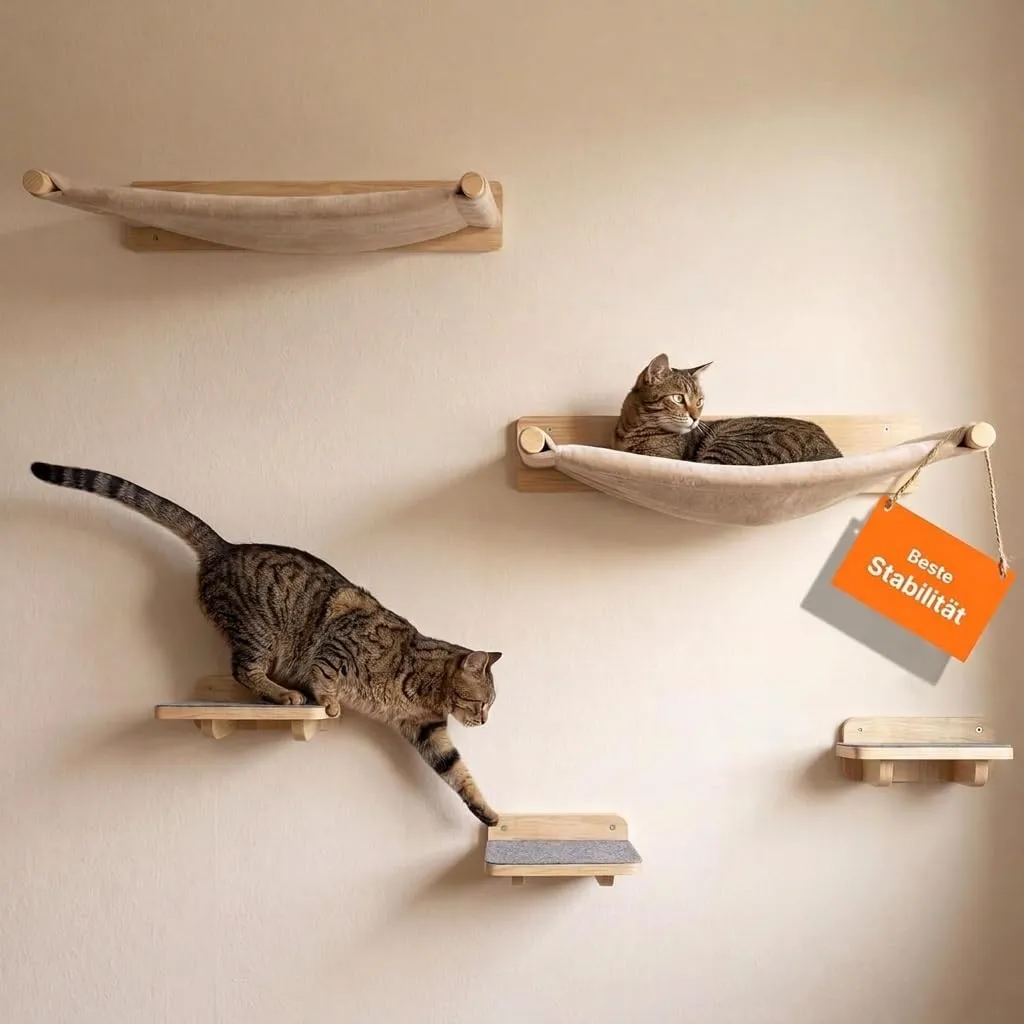 WOOWOOD® Kletterwand Katzen 5-teilig, 2 Hängematten & 3 Treppen, Massivholz