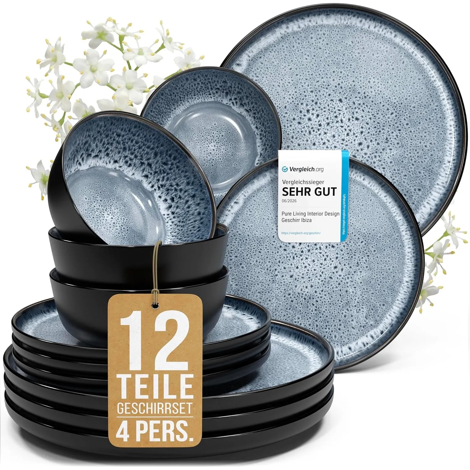 Steingut Geschirrset 4 Personen Ibiza 12 tlg. TESTSIEGER, Traumhaftes Mediterranes Steingut Geschirr Set, Schüssel- und…