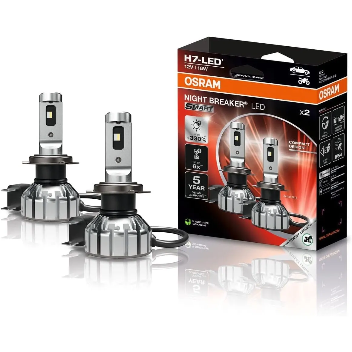 Osram NIGHT BREAKER LED SMART H7; bis zu 330% mehr Helligkeit; 6000K, 12V, LED-Fern- und Abblendlicht mit Straßenzulass…