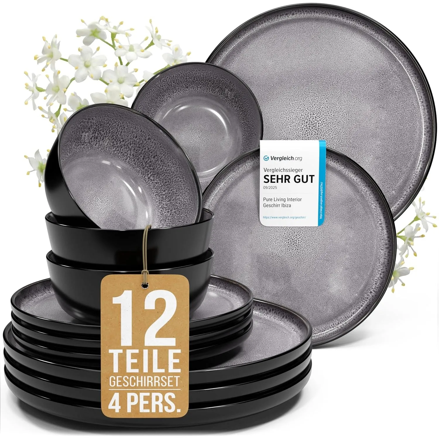 Steingut Geschirrset 4 Personen Ibiza 12 tlg. TESTSIEGER, Traumhaftes Mediterranes Steingut Geschirr Set, Schüssel- und…