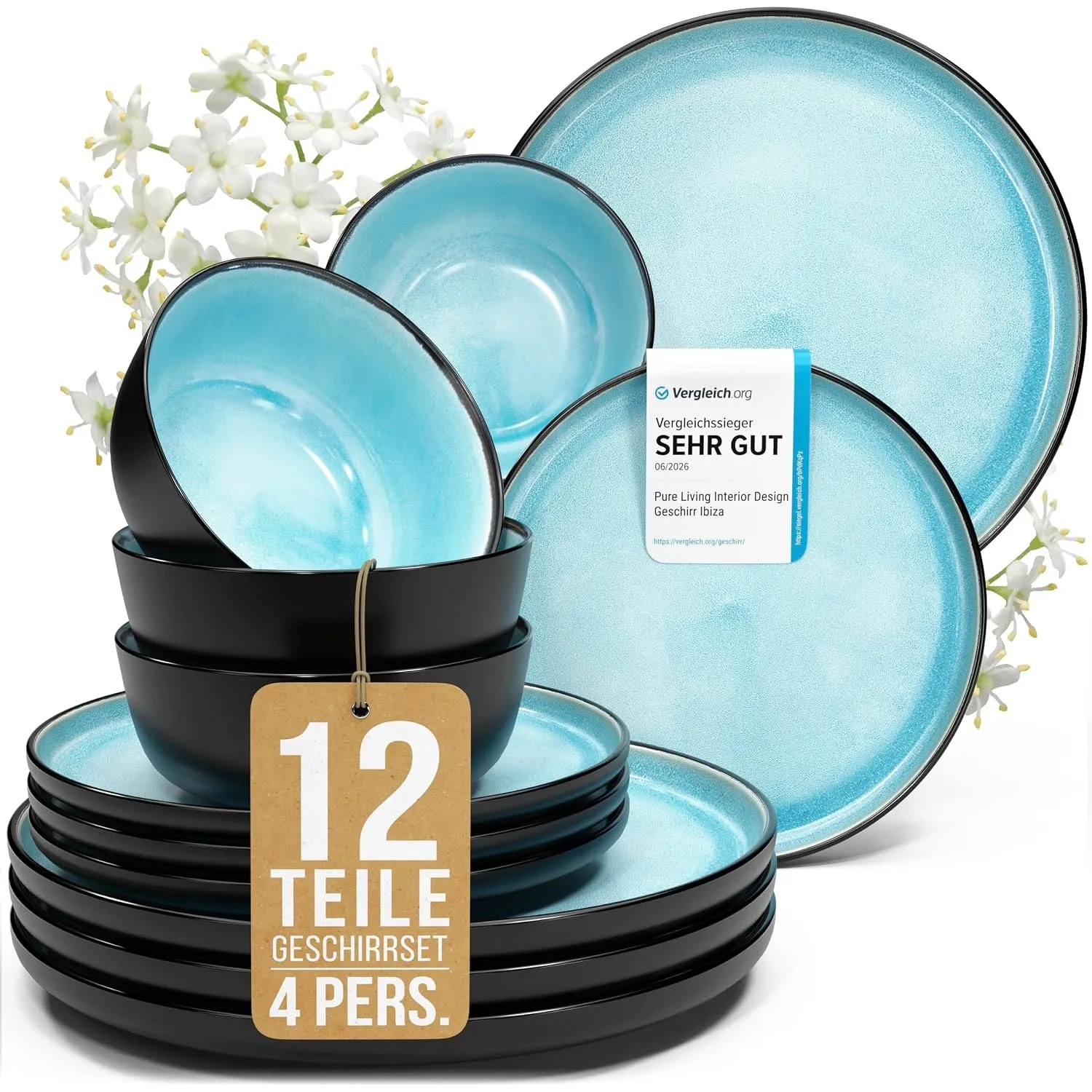 Steingut Geschirrset 4 Personen Ibiza 12 tlg. TESTSIEGER, Traumhaftes Mediterranes Steingut Geschirr Set, Schüssel- und…