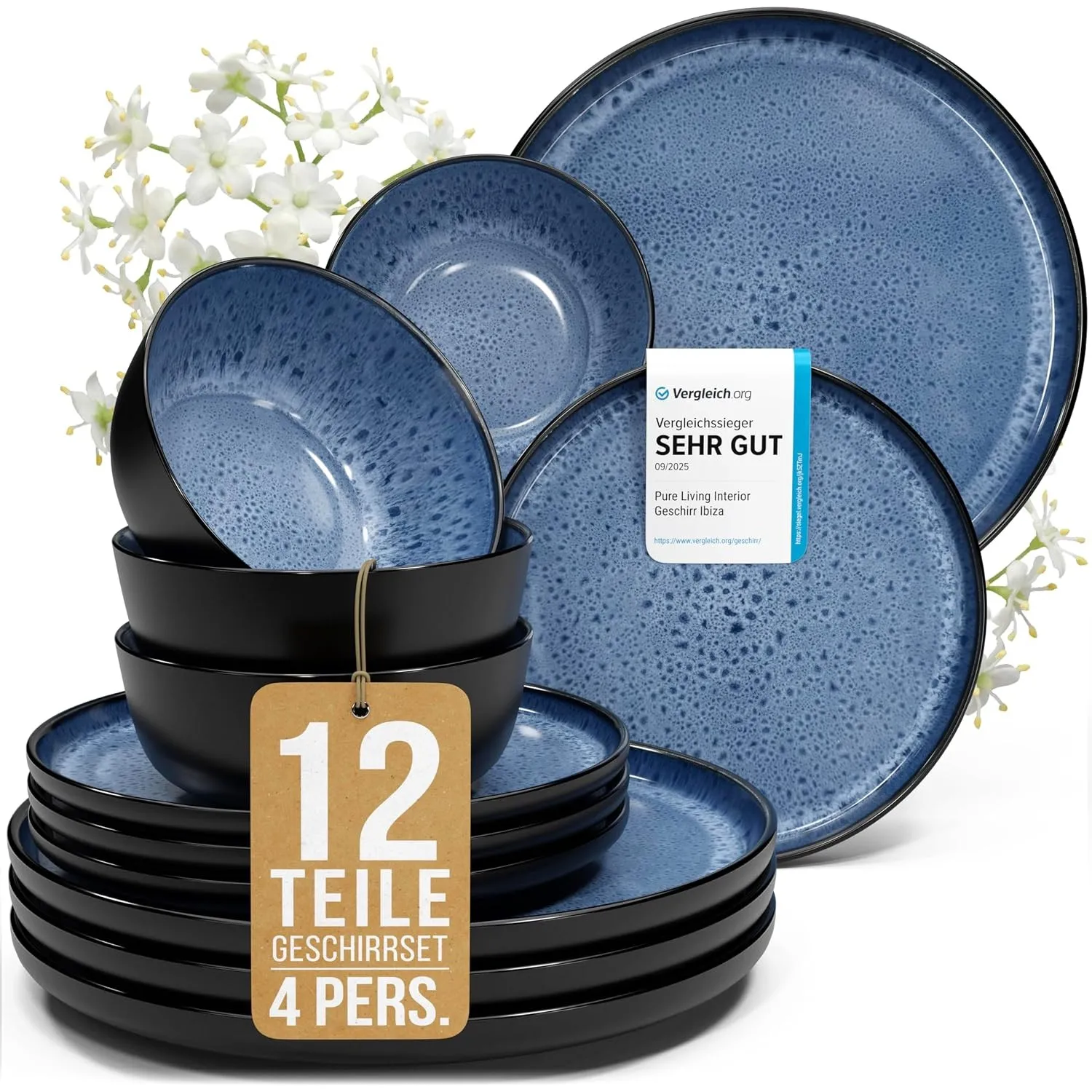 Steingut Geschirrset 4 Personen Ibiza 12 tlg. TESTSIEGER, Traumhaftes Mediterranes Steingut Geschirr Set, Schüssel- und…