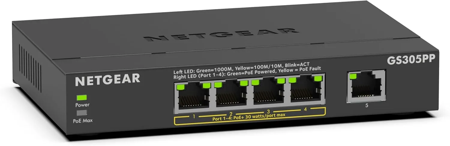NETGEAR 5-Port Gigabit Ethernet Unmanaged PoE+ Switch (GS305PP): mit 4 PoE+ bei 83 W, Desktop- oder Wandbefestigung