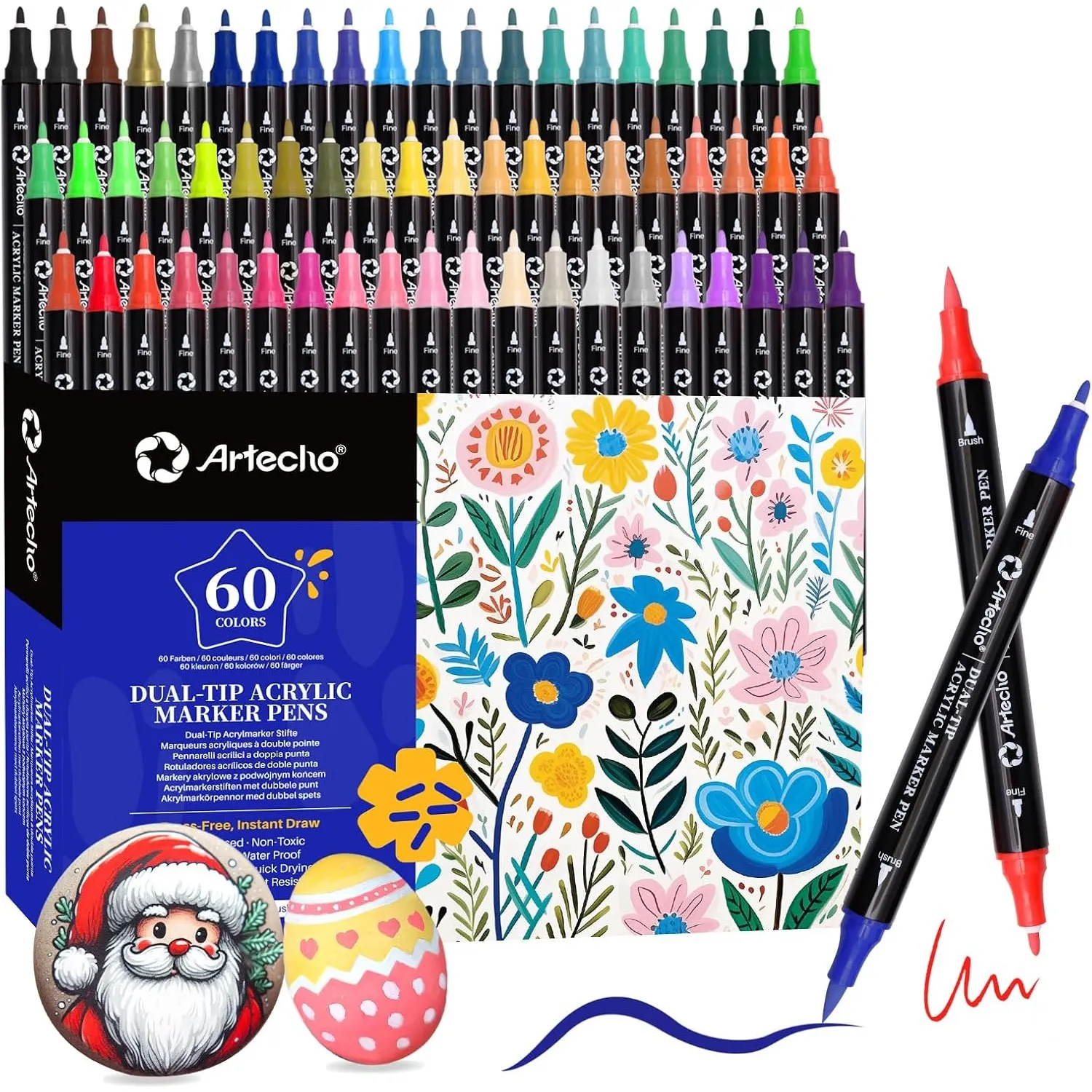 Artecho Acrylstifte 60 Farben, 0.5-5mm Wasserfester Dual Tip Marker