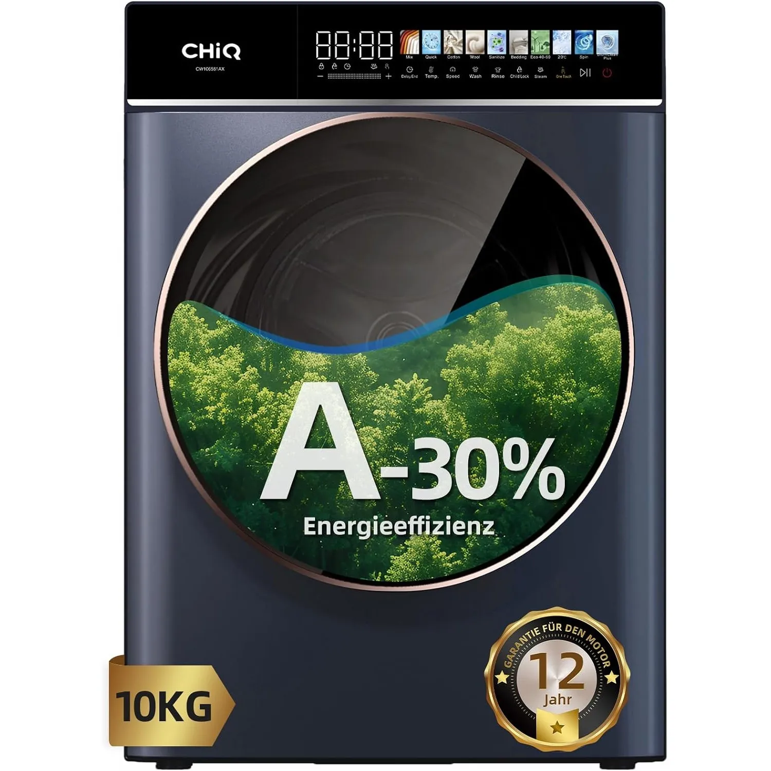 CHiQ Waschmaschine 10 kg, EEK A-30%, LED-Touchscreen, 1400 U/M