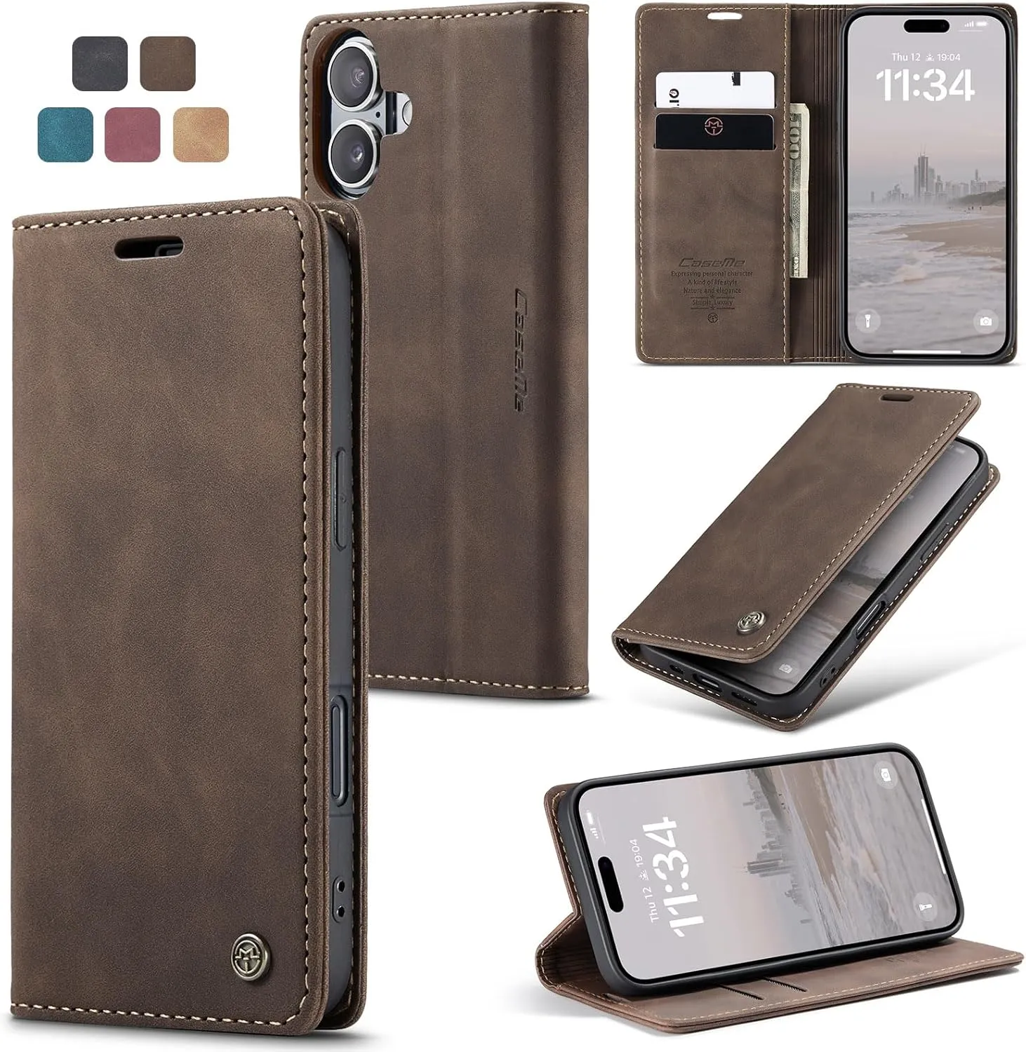 Handyhülle für iPhone 16 Hülle Premium Lederhülle Weiches Vintage-Nubukleder Faltbare Ständer Schutzhülle Kartenfach St…