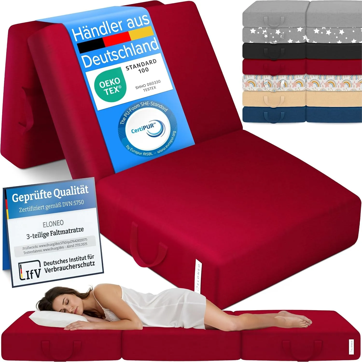 ELONEO Klappmatratze, Gästematratze, 3-teilige Faltmatratze, Schaumstoff extra dick (15cm), waschbar, Bandscheibenwürfe…