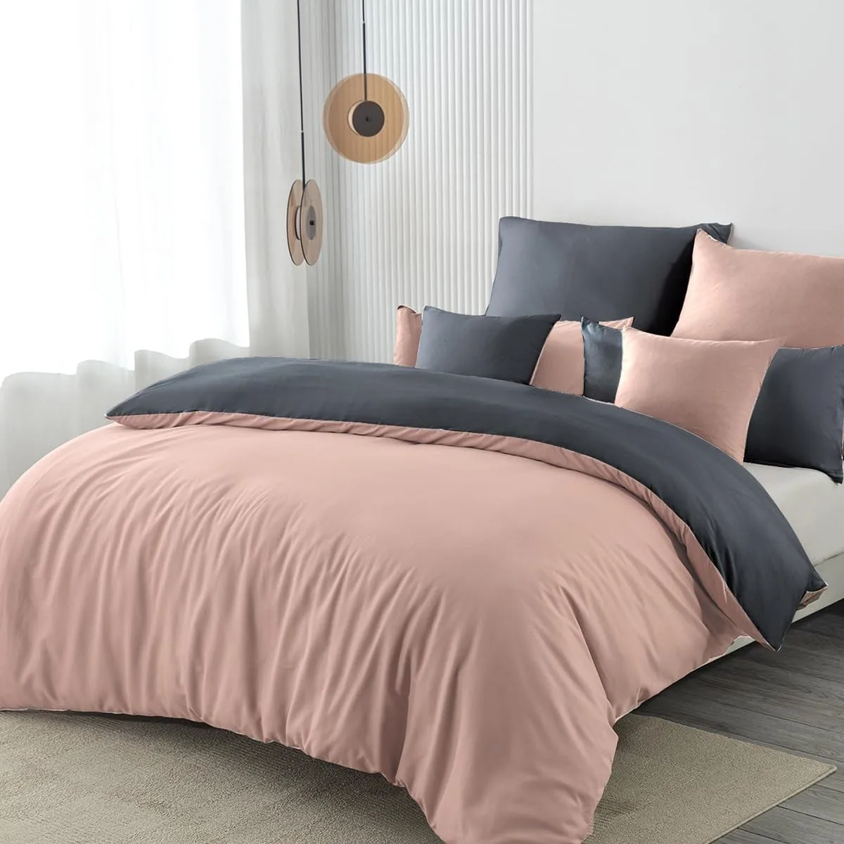 Bettwäsche 200x200 3teilig Mikrofaser, Rosa/Anthrazit