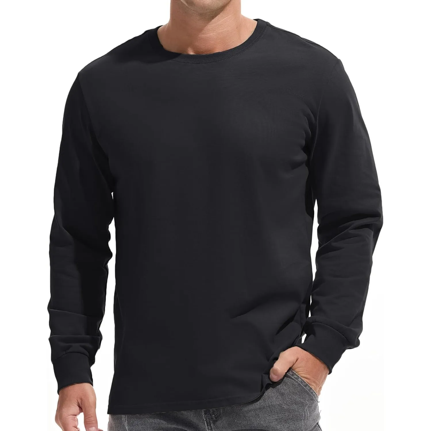 VEIISAR Herren Dickes Rundhals Langarm T-Shirt - Herren 100% Baumwolle Heavy Duty Pre Shrink T Shirt