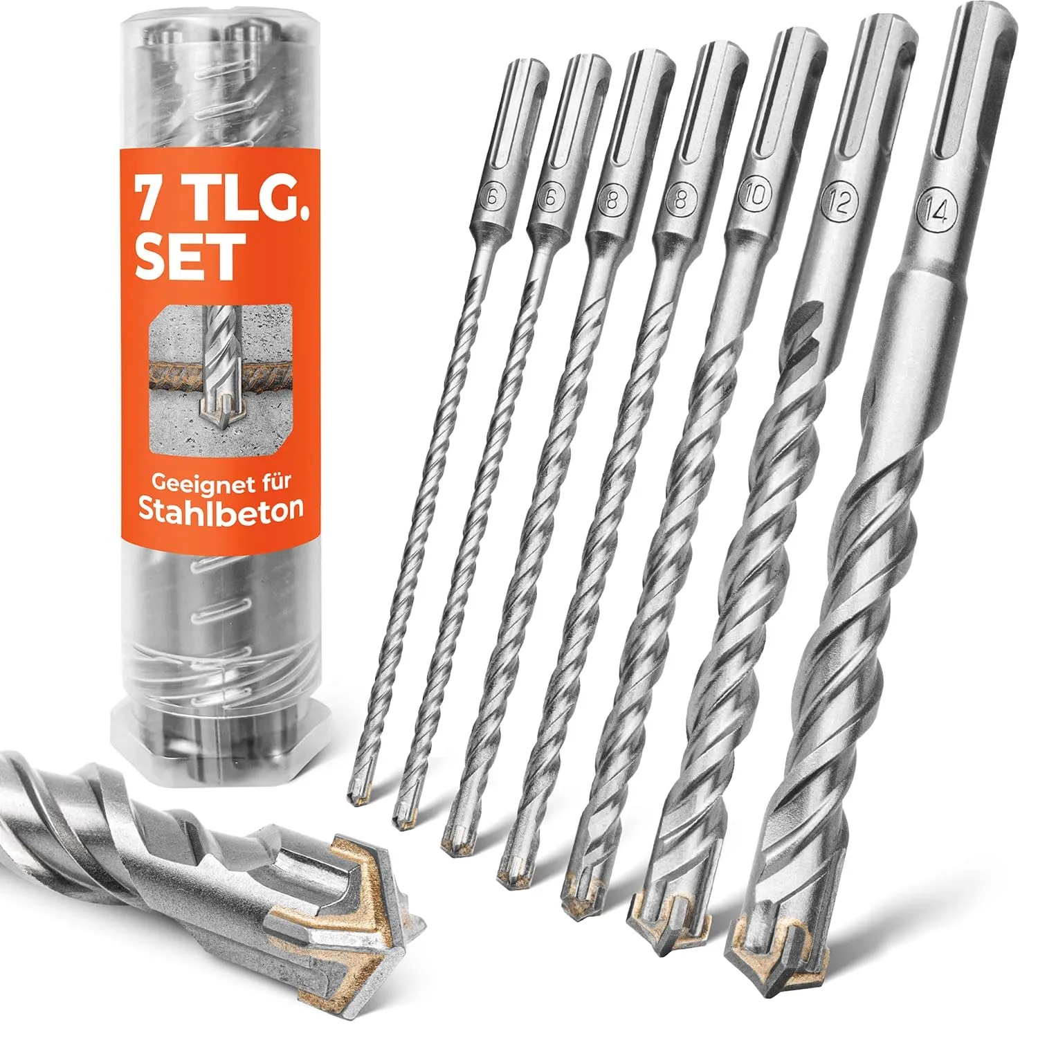 BAUBECK SDS Plus Bohrer Set für Beton [7tlg - Ø6-14 & 210mm lang] 4 Schneiden - Langlebige Betonbohrer aus 40CR Stahl f…