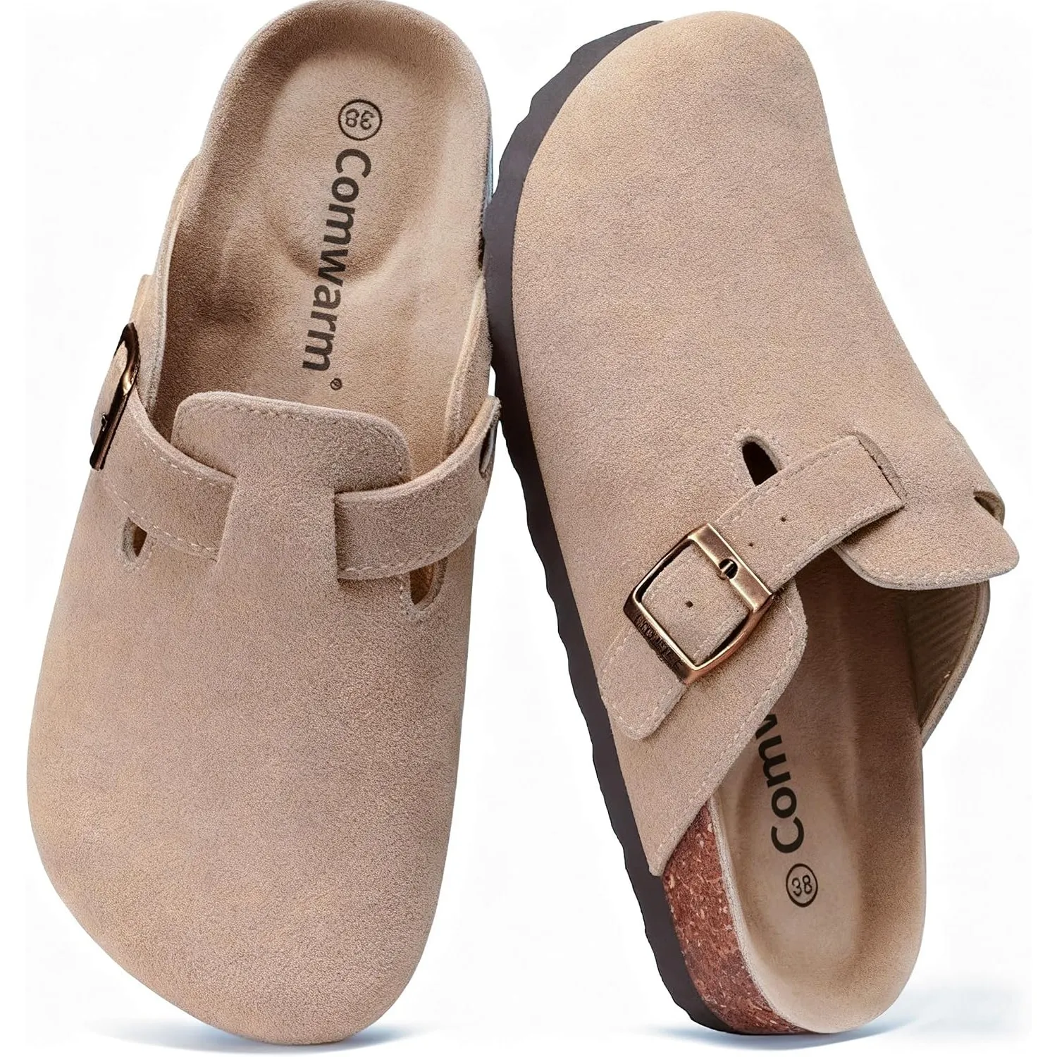 Comwarm Wildleder Damen Clogs Kork Fußbett Pantoletten