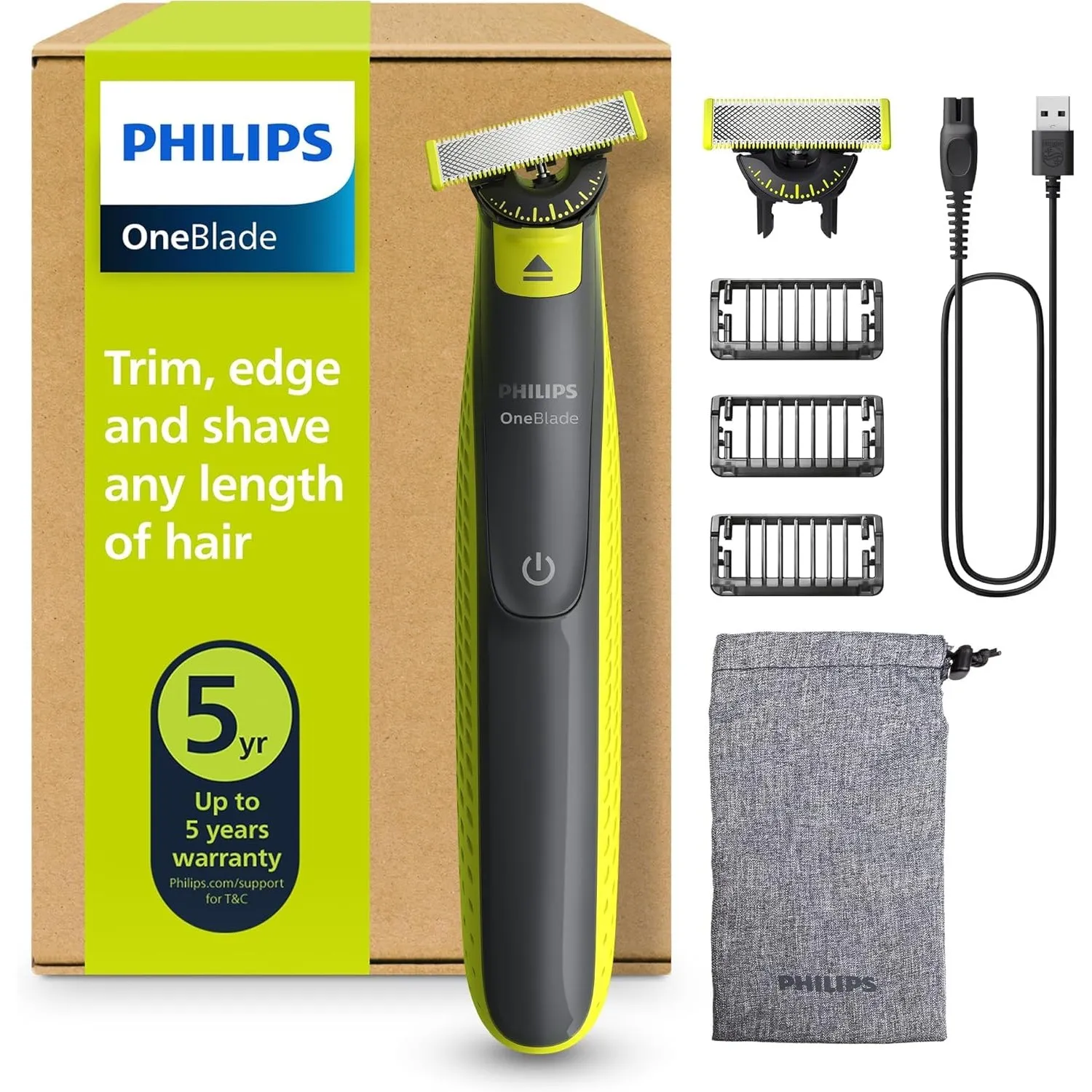 PHILIPS OneBlade 360 Face - elektrischer Rasierer & Trimmer, 2x 360 Klingen, 3x Trimmaufsätze (1/3/5mm), Nass- & Trocke…