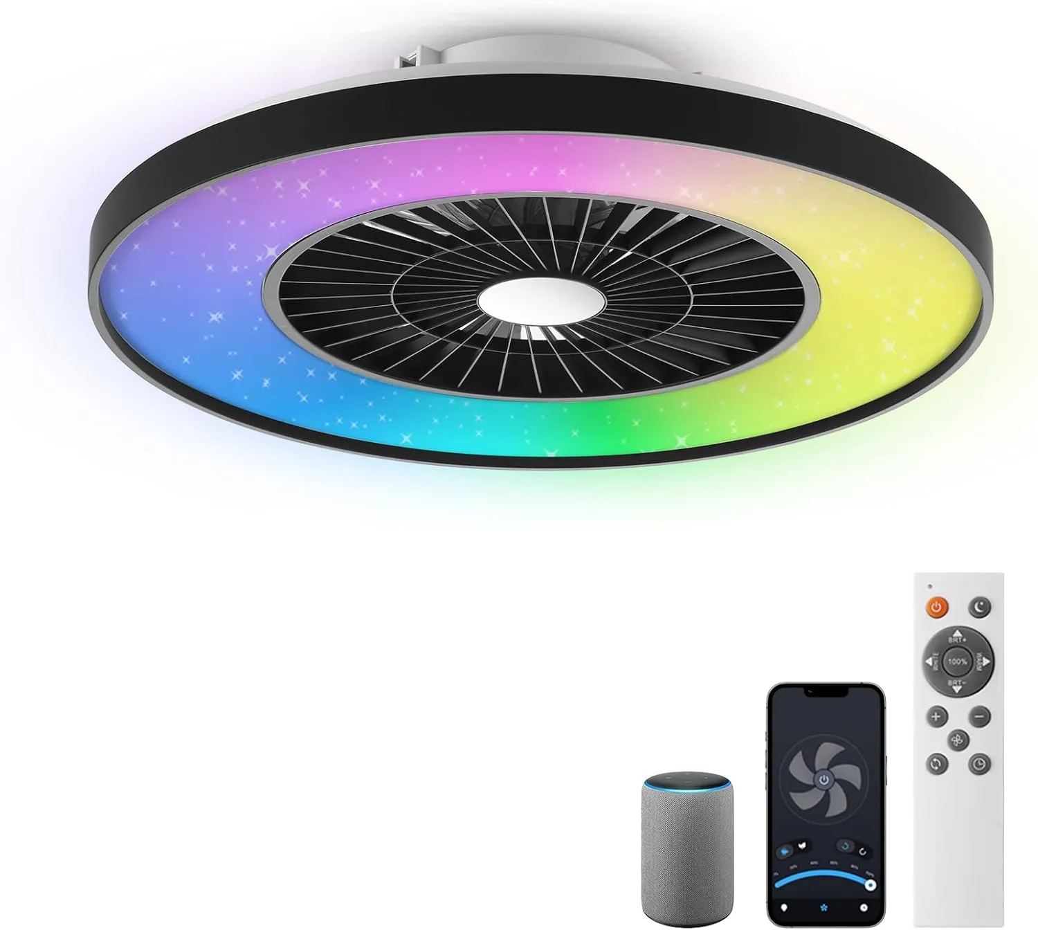 Modern RGB LED Ceiling Light with Fan, Diameter 60 cm, RGB Ceiling Fan with Lamp, Continuous Ventilation Speeds, Effort…