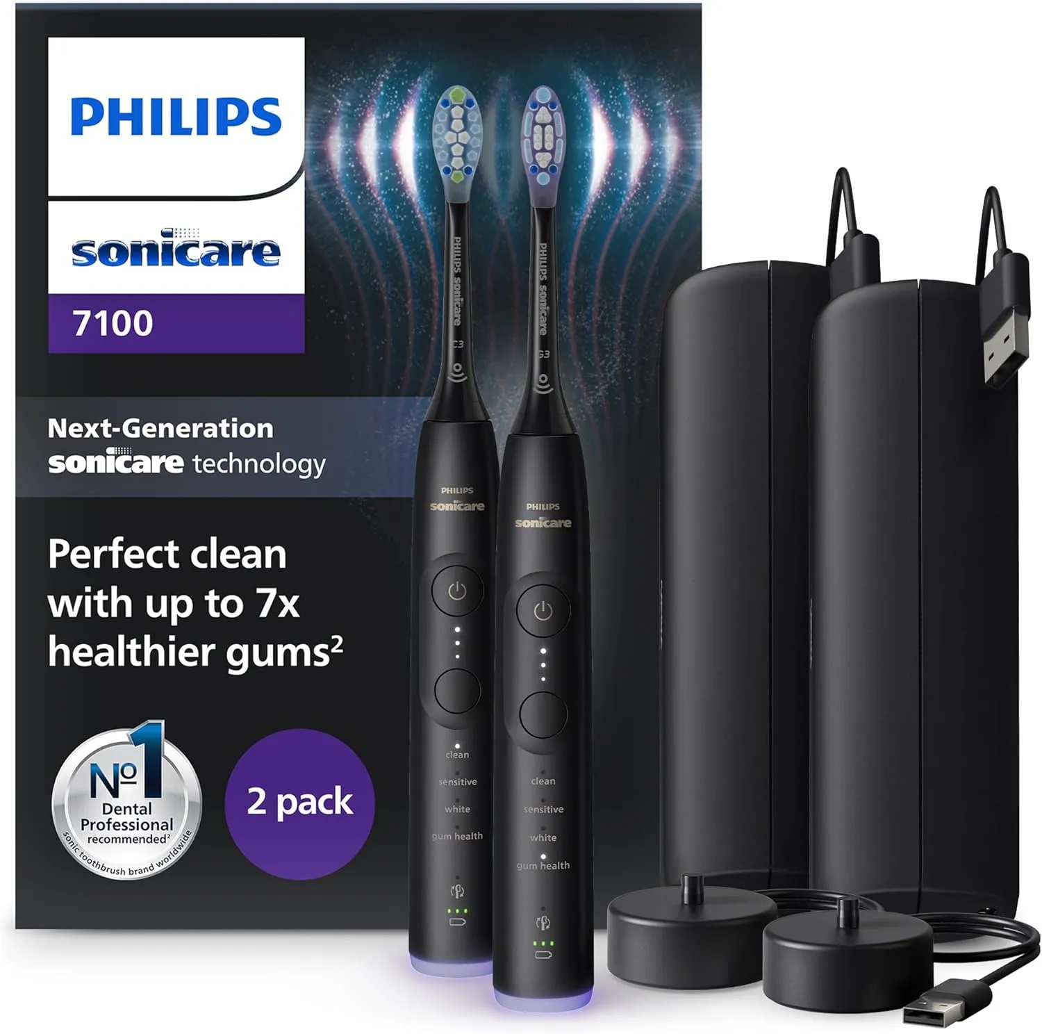 Philips Sonicare 7100 elektrische Zahnbürste, Schallzahnbürste mit App, 4 Putzmodi, 3 Intensitätsstufen, Andruckkontrolle, EasyStart, SmarTimer, Schwarz, 2er-Pack, Modell HX7429/03 [Neue Technologie]