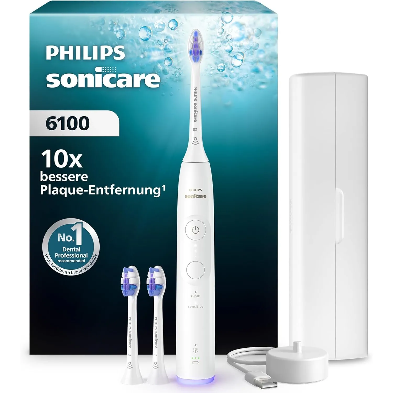 Philips Sonicare 6100 elektrische Zahnbürste, Schallzahnbürste mit 2 Putzmodi, 3 Intensitätsstufen, Andruckkontrolle, E…