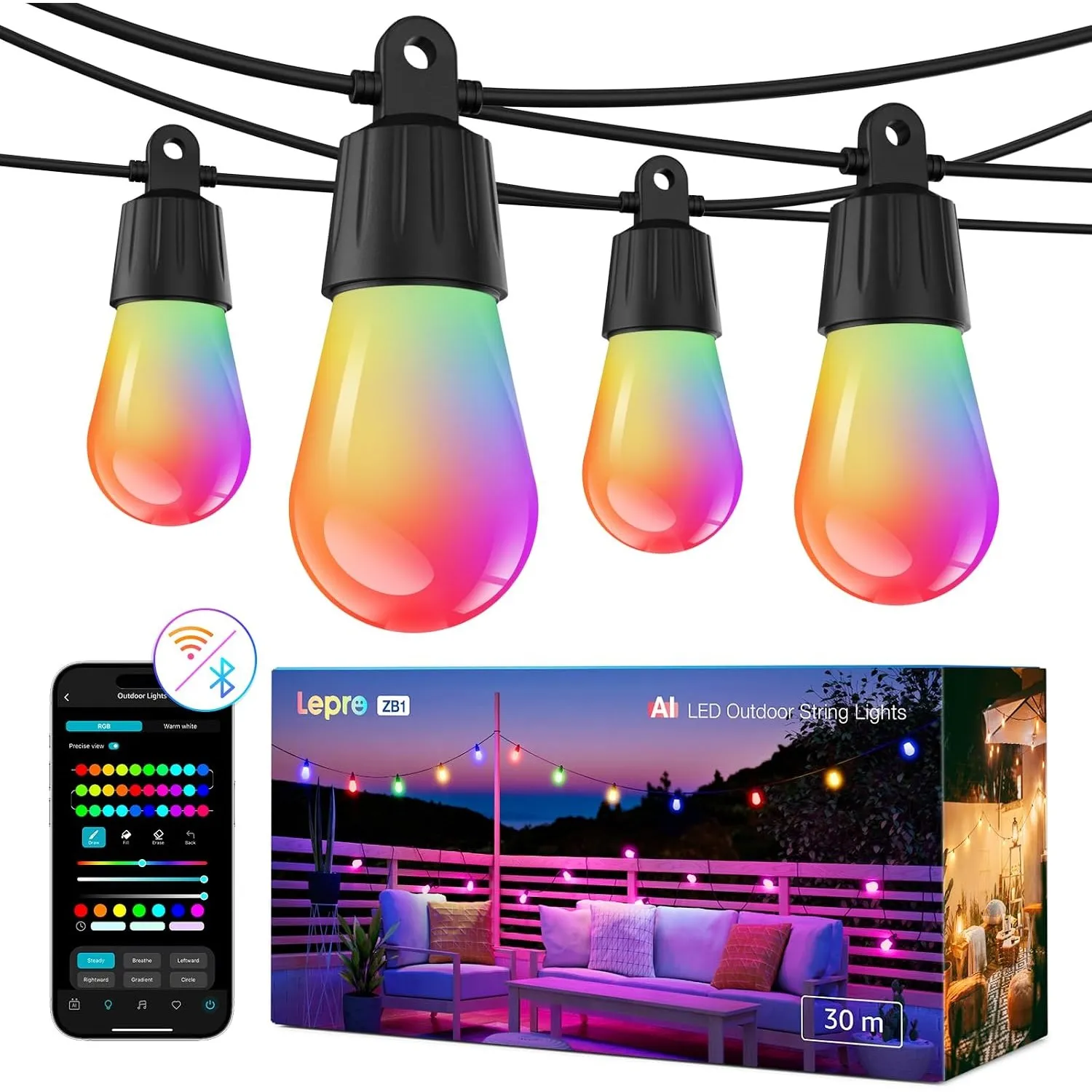 Lepro ZB1 AI LED Lichterkette Außen 30m, Smarte LED S14 WLAN Glühbirnen | RGB + Warmweiß, App-Steuerung, funktioniert m…