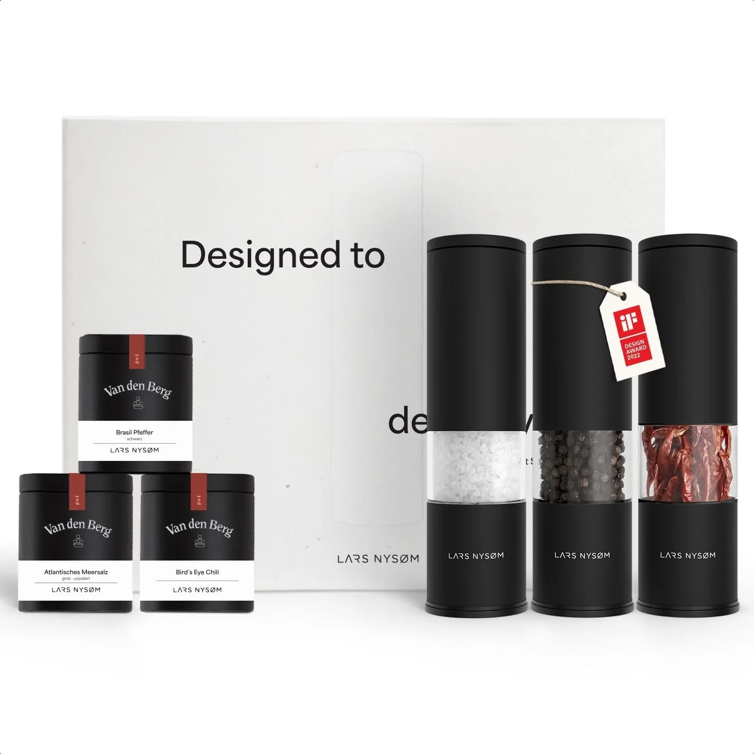 LARS NYSØM Gewürzmühlen & Gewürze Geschenkset - Salz und Pfeffermühlen Set mit Chilimühle & 3 Gewürzdosen (Salz, Pfeffe…