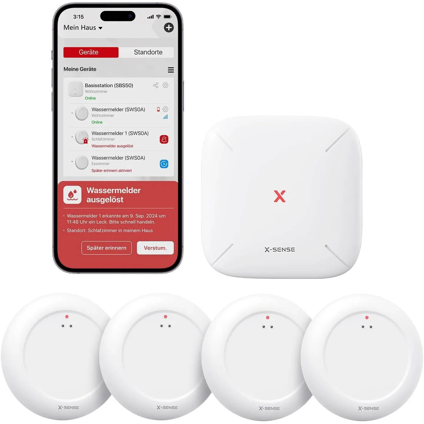 X-Sense Wassermelder WLAN mit SBS50 Basisstation, Smarter Wassermelder, App-Warnungen（nur 2.4Ghz）, wasserdicht nach IP6…